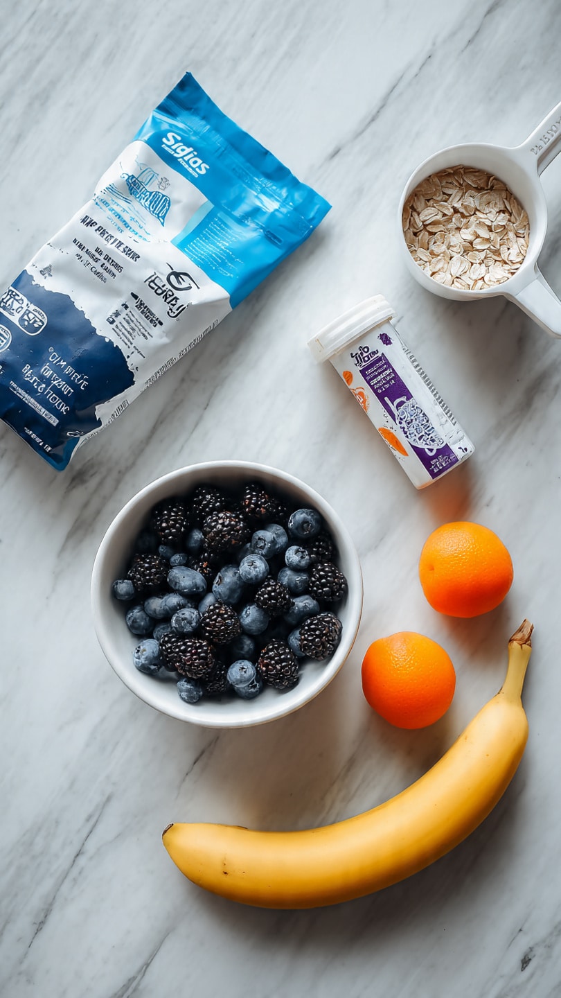 The image shows a variety of ingredients arranged on a white marbled surface. There is a white bowl filled with blackberries and blueberries placed in the center. To the right of the bowl, there is a peeled banana. Above the bowl, there is a white measuring cup filled with dry oats. Around these main elements, several packaged items are visible: a blue and white bag of oats on the left, a small white container of yogurt labeled