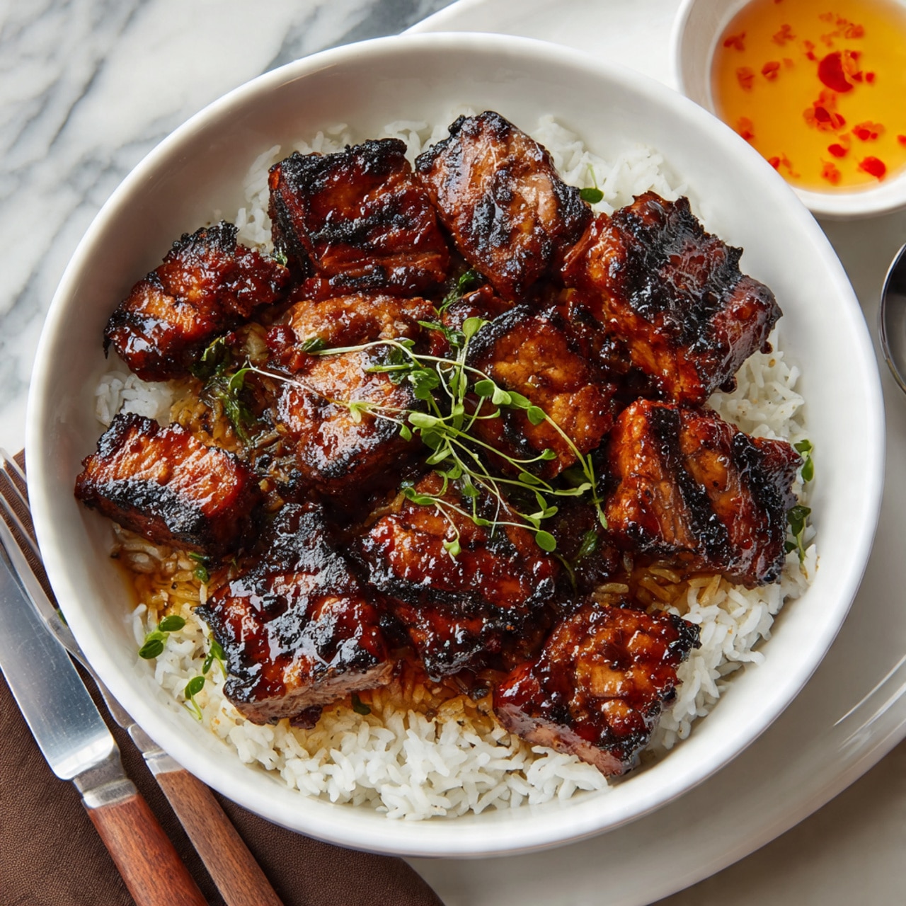 This image shows a close-up of a white bowl filled with white rice as the bottom layer, topped with chunks of grilled meat that are glazed with a shiny, caramelized dark brown sauce and garnished with small green herbs. The meat pieces have a slightly charred texture with visible grill marks. To the top right of the bowl, there is a small round white bowl containing a light orange sauce with small red bits. The background is a white marbled surface, and near the bottom left corner, part of a silver fork and knife with wooden handles sit next to a brown cloth napkin. Photo taken with an iphone --ar 4:5 --v 7