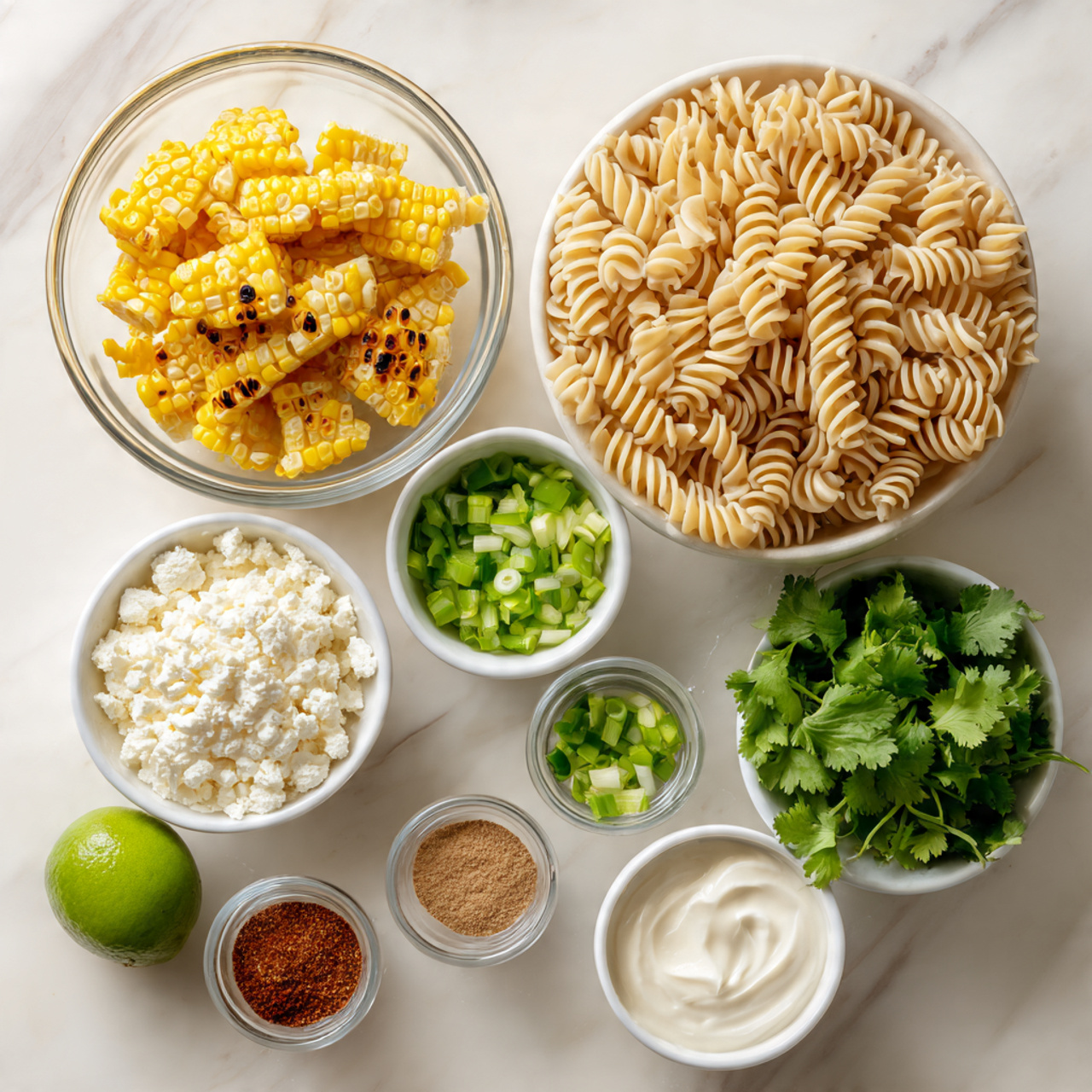 The image shows a collection of ingredients arranged neatly on a white marbled surface, each in a separate white bowl. There is a large bowl at the top right filled with raw spiral pasta that is light beige in color. Below it and to the left, a glass bowl holds bright yellow grilled corn pieces with some charred dark spots. To the right of the corn is a white bowl filled with fresh green cilantro leaves. Below the cilantro, another white bowl contains crumbled white cheese. Below the cheese, a whole green lime is placed between two small white bowls, one filled with chopped green bell peppers and the other with chopped green onions. Next to the green onions, there is a white bowl holding a mix of white sour cream and light-colored mayonnaise. In the middle of the image, a small white bowl holds three different ground spices in red, brown, and beige colors. photo taken with an iphone --ar 4:5 --v 7