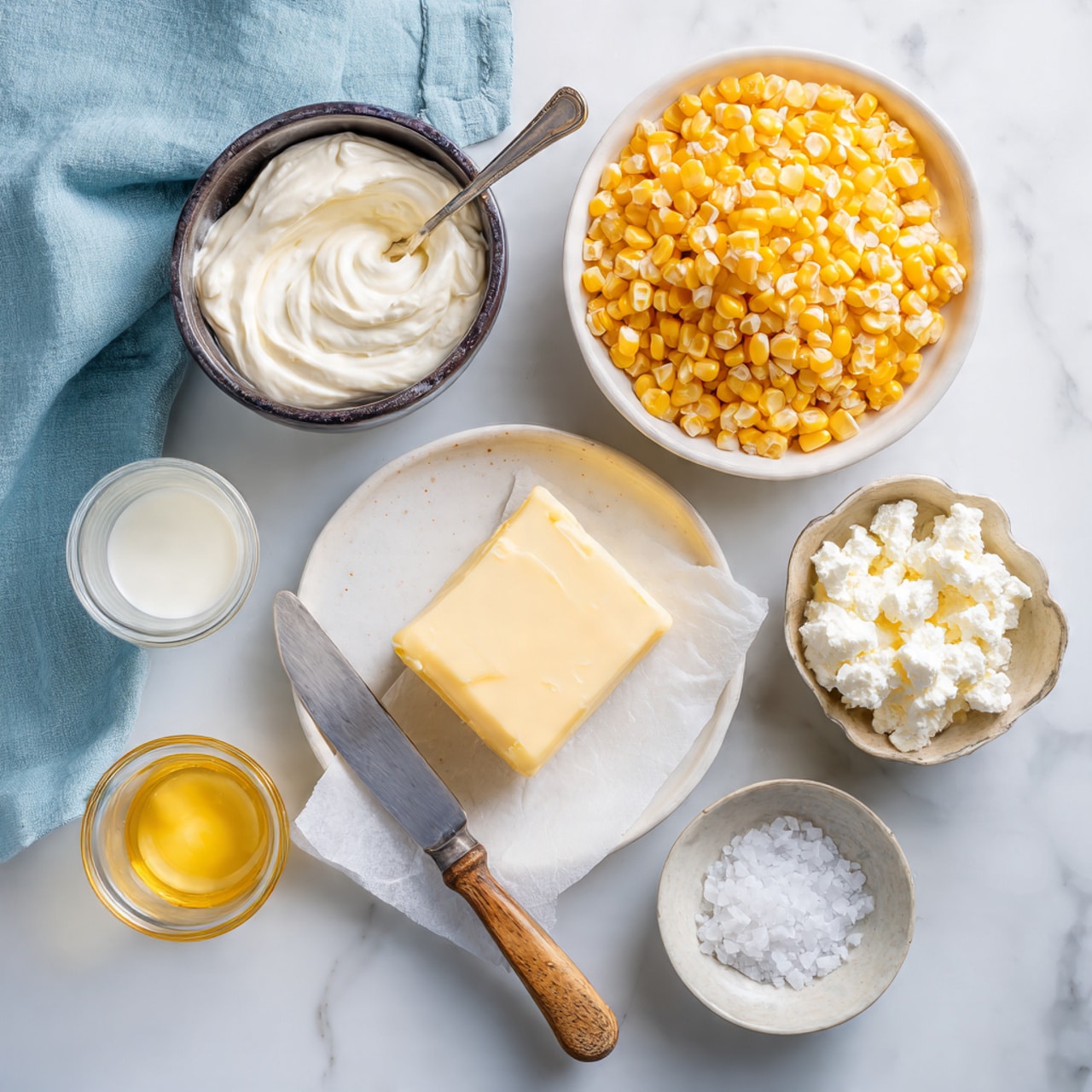 A top-down view shows seven bowls and plates arranged on a white marbled surface. On the top right, a large white bowl is filled with bright yellow corn kernels. To the left, a dark bowl holds a thick, white creamy substance with a spoon inside. Above this bowl, a small glass with white cream sits untouched. Below, a small white bowl holds golden melted butter. In the center bottom is a white plate with a square block of pale yellow butter resting on white paper, accompanied by a knife with a brown wooden handle. To the right, a small white bowl contains white fluffy cottage cheese, and below that, a tiny white bowl holds white salt crystals. A soft light blue cloth lies folded on the top left corner. Photo taken with an iphone --ar 4:5 --v 7