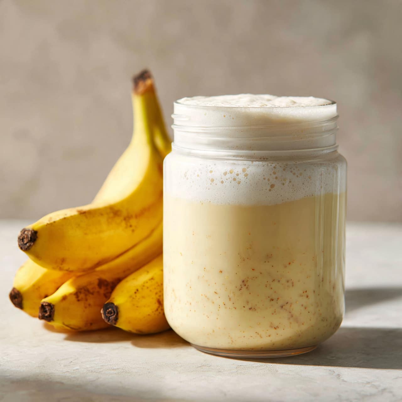 A clear tall container shows two layers of liquid inside against a white marbled surface. The bottom layer is thick and creamy with a pale yellow color and small dark specks, indicating blended banana. The top layer is a smooth, white frothy liquid, filling about half the container. Next to the container, there are two ripe yellow bananas with dark spots. A white blender lid leans against the container. The scene is bright with natural light. photo taken with an iphone --ar 4:5 --v 7
