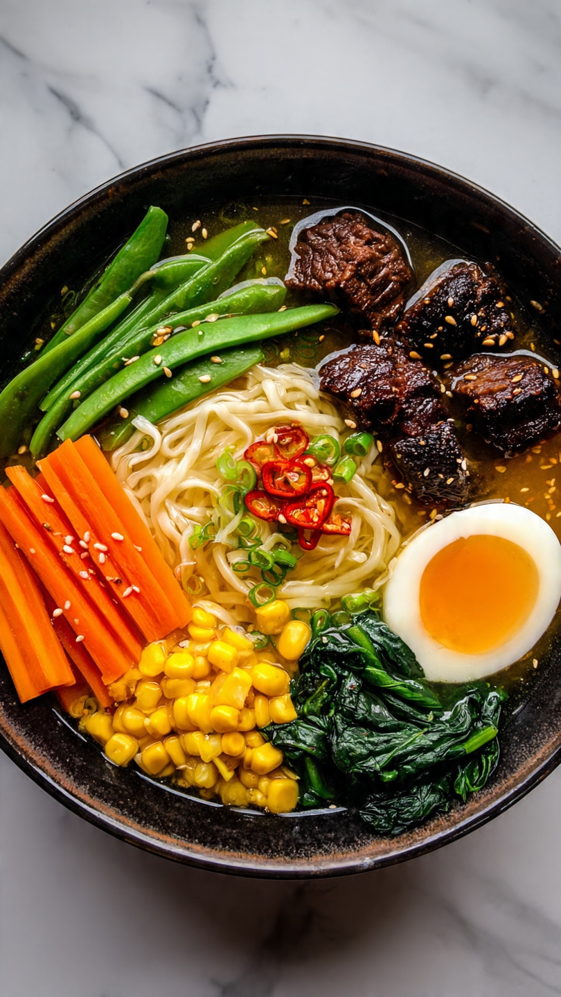 A black bowl filled with ramen is placed on a white marbled surface. The ramen has thick pale noodles at the bottom, topped with bright orange long carrot strips on one side, yellow corn kernels in the middle, and a shiny soft-boiled egg with a rich orange yolk on the right. Dark brown chunks of glazed meat sit toward the center, surrounded by bright green snap peas on the upper left and slender green onion pieces on the upper right. Dark green cooked spinach fills the bottom right corner. The broth is clear, carrying sesame seeds and red chili flakes scattered across the ingredients. Photo taken with an iphone --ar 4:5 --v 7
