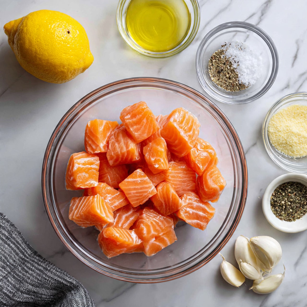 A clear glass bowl filled with raw salmon cubes that are bright orange with white fat lines, placed near the center right on a white marbled surface. Surrounding the bowl are several small clear glass bowls; one with a light yellow-green oil near the top center, another with a mix of black pepper and white salt below it, one with pale yellow garlic powder on the bottom left, and another with black and green seasoning near the bottom right. Two peeled garlic cloves rest next to the garlic powder bowl on the bottom left. A whole yellow lemon sits to the left of the glass bowl. A gray and white striped cloth is placed to the right edge of the image. Photo taken with an iphone --ar 4:5 --v 7