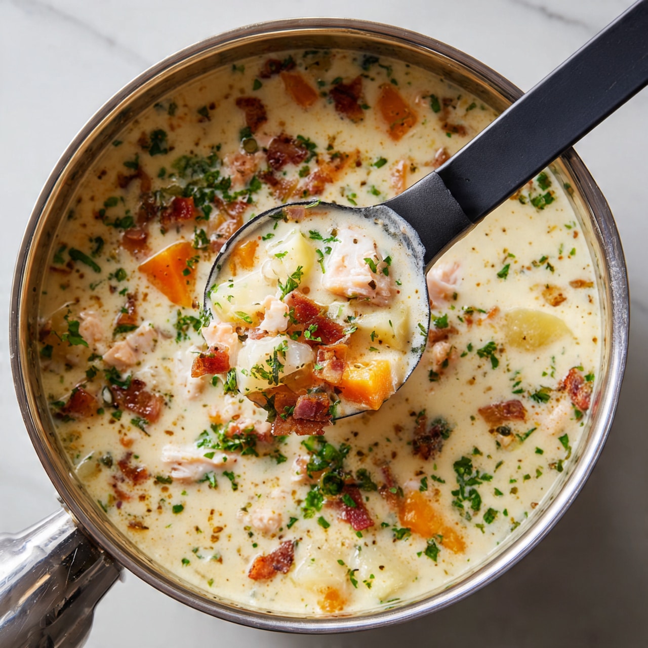 A large metal pot is filled with creamy white soup that has a rich and thick texture. Inside the soup, there are chunks of light pink fish pieces, small orange carrot cubes, brown bits of bacon, soft beige potato chunks, and green herbs finely chopped and spread throughout. A black ladle with a silver handle is lifting a scoop of the soup, showing a good mix of all the ingredients. The pot sits on a white marbled surface that adds brightness to the scene. photo taken with an iphone --ar 4:5 --v 7