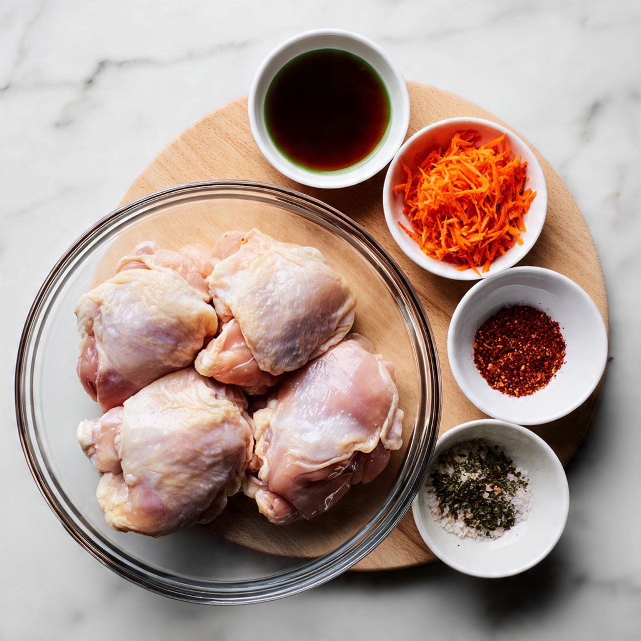 A clear glass bowl filled with four raw chicken thighs showing a light pink color and smooth texture is positioned on a white marbled surface. Beside the bowl, a light wooden board holds five small white bowls arranged in a loose semicircle. The first bowl contains a dark brown liquid, the second has a dark green liquid, the third holds finely shredded orange pieces with small white bits, the fourth is filled with ground red spices, and the fifth contains a mix of coarse white salt and other spices. The photo taken with an iphone --ar 4:5 --v 7
