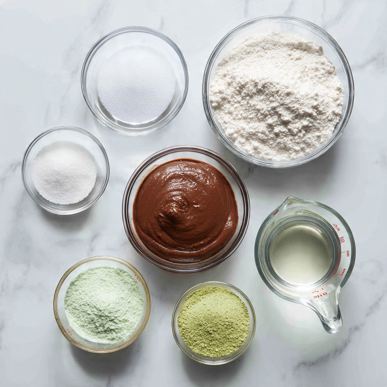 The image shows six clear glass bowls and one glass measuring cup placed on a white marbled surface. In the center is a medium bowl filled with a smooth, thick, dark brown paste. Surrounding it are smaller bowls: one with fine white sugar, another with white powder that looks like starch, one with a light green powder, and another with a coarser white powder. To the right is a larger bowl filled with more white powder, and next to it is a glass measuring cup containing a clear liquid. The bowls are arranged neatly, with the brown paste bowl in the middle. Photo taken with an iphone --ar 4:5 --v 7
