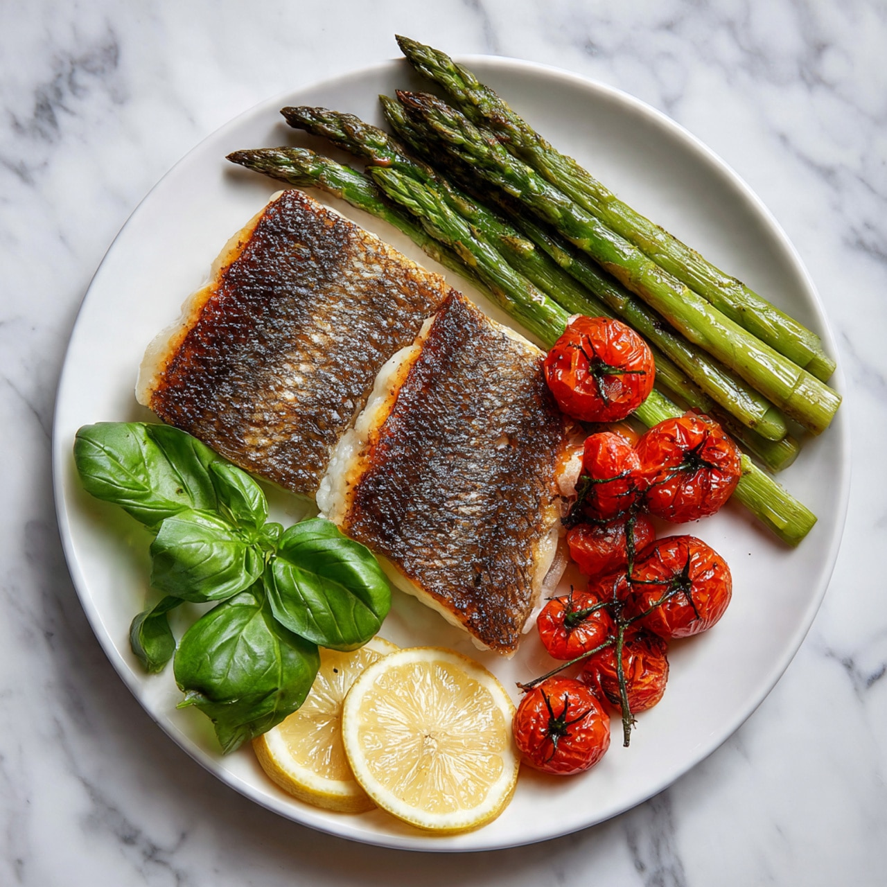 The image shows two thick, golden-brown pieces of fish with crisp skin placed on a white plate. Behind the fish, there are bright green asparagus spears arranged in a neat row. On top of the asparagus, there are small, shiny roasted cherry tomatoes with a deep red color. To the side of the fish, there are three thin lemon slices with visible seeds, adding a fresh yellow contrast. A small bunch of fresh green basil leaves sits next to the lemon slices. The plate is set on a white marbled surface, enhancing the colors of the food. photo taken with an iphone --ar 4:5 --v 7