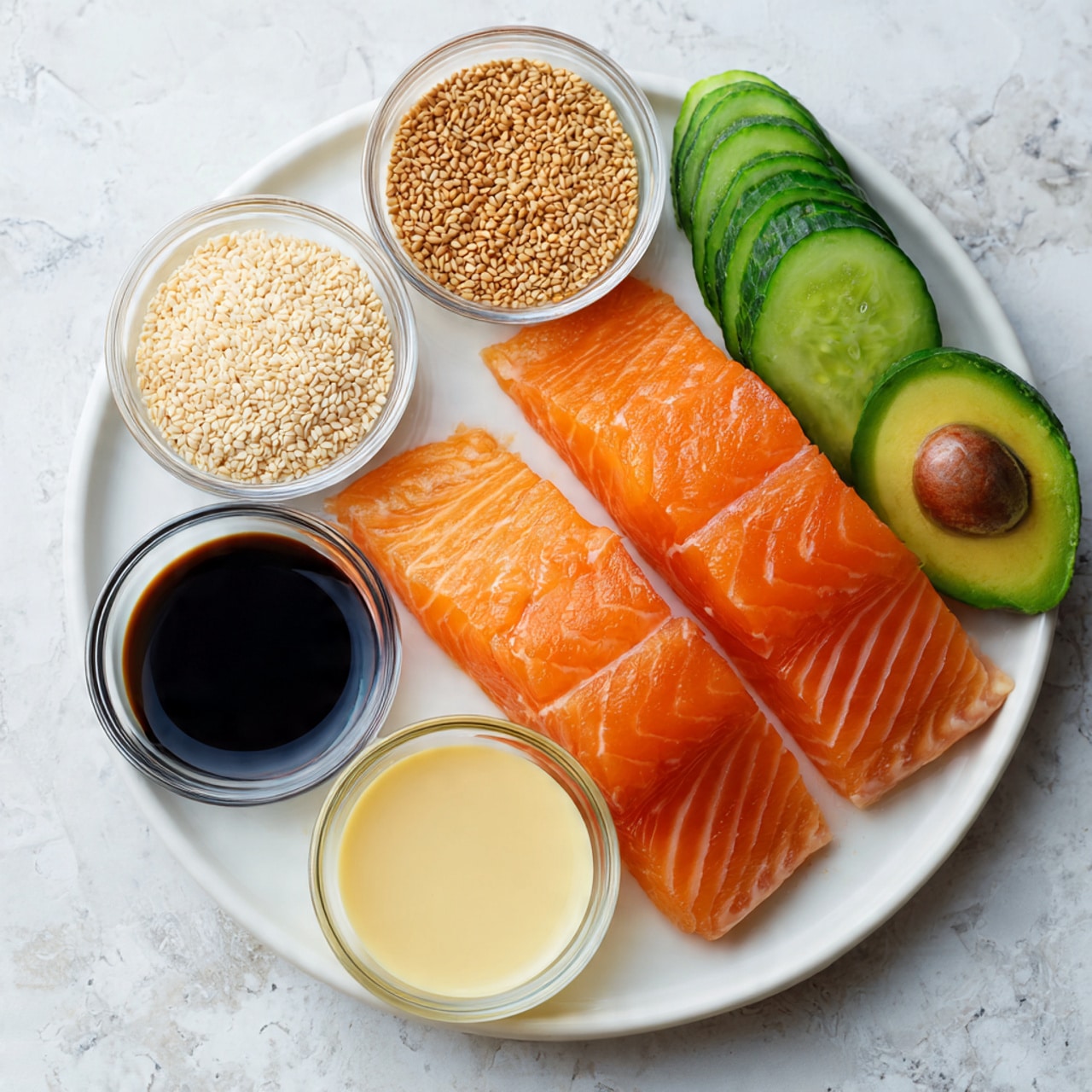 The image shows a top view of a white round plate on a white marbled surface. On the plate, there are three raw salmon fillets arranged side by side, each bright orange with smooth texture and thin white lines. Next to the salmon, small clear glass bowls hold light beige sesame seeds, dark brown soy sauce, a creamy white thick sauce, and a pale yellow sauce. A whole green cucumber and a sliced avocado with a dark brown seed are placed beside the plate. The colors are fresh and natural, with bright orange, green, white, and brown tones. Photo taken with an iphone --ar 4:5 --v 7