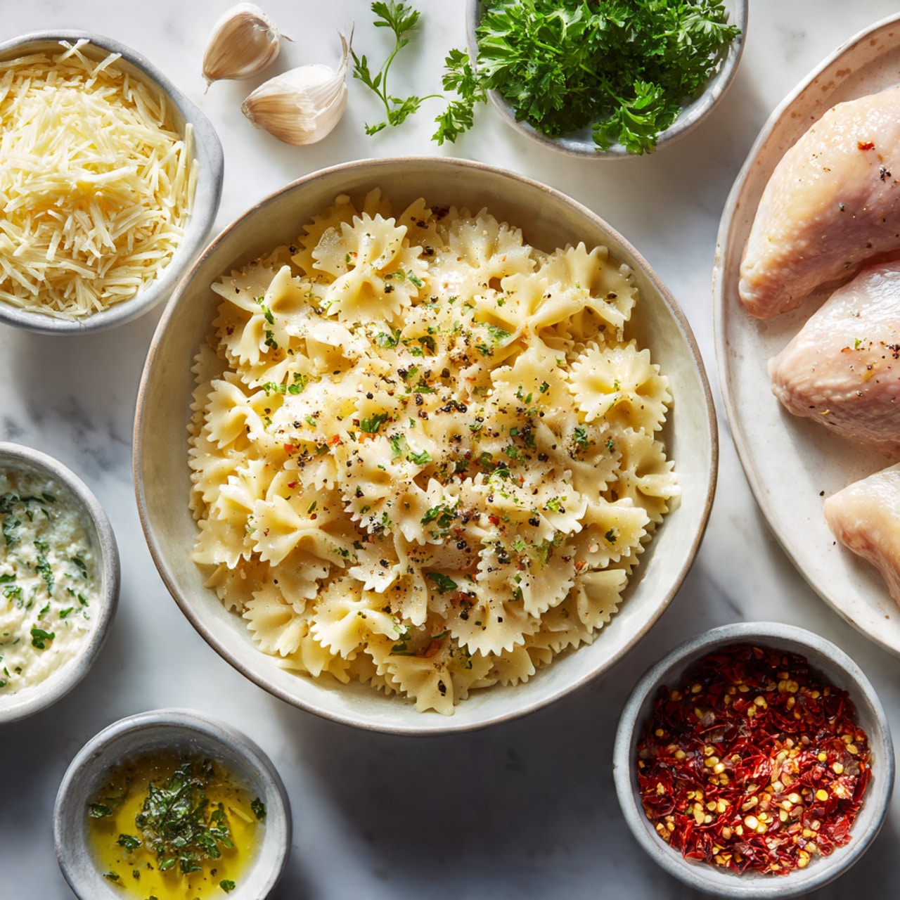 A round bowl filled with cooked farfalle pasta in the center, topped with cracked black pepper, surrounded by smaller round bowls arranged in a circle on a white marbled surface; the bowls hold shredded cheese with pepper, chopped green herbs, creamy sauce garnished with herbs, olive oil, butter, and red chili flakes. To the right, two raw chicken pieces lay on a white plate with garlic cloves and fresh parsley sprigs nearby, all under soft natural light. Photo taken with an iphone --ar 4:5 --v 7