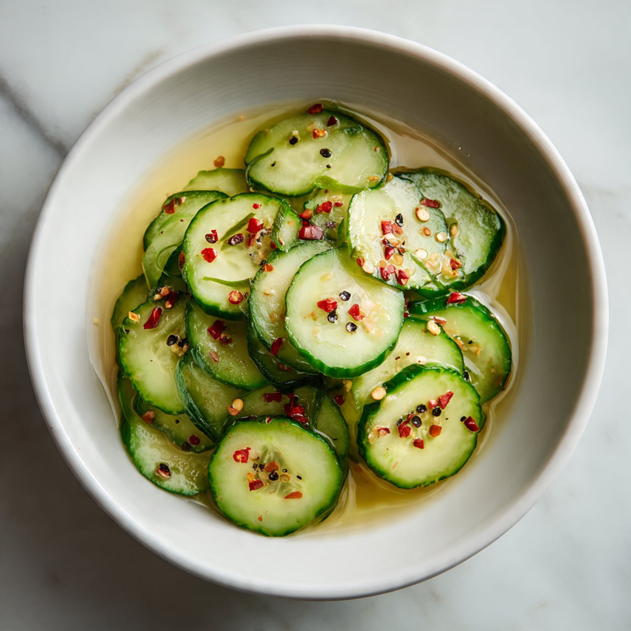 This image shows a white bowl filled with thin, round slices of cucumber layered in a slightly overlapping, circular arrangement. The cucumber slices are light green with darker green edges from the skin and appear fresh and moist. Small red chili flakes and black pepper are sprinkled evenly on top, giving a touch of color and texture contrast. There is a light, glossy dressing pooling slightly at the bottom of the bowl. The setting has a white marbled surface visible around the bowl. photo taken with an iphone --ar 4:5 --v 7