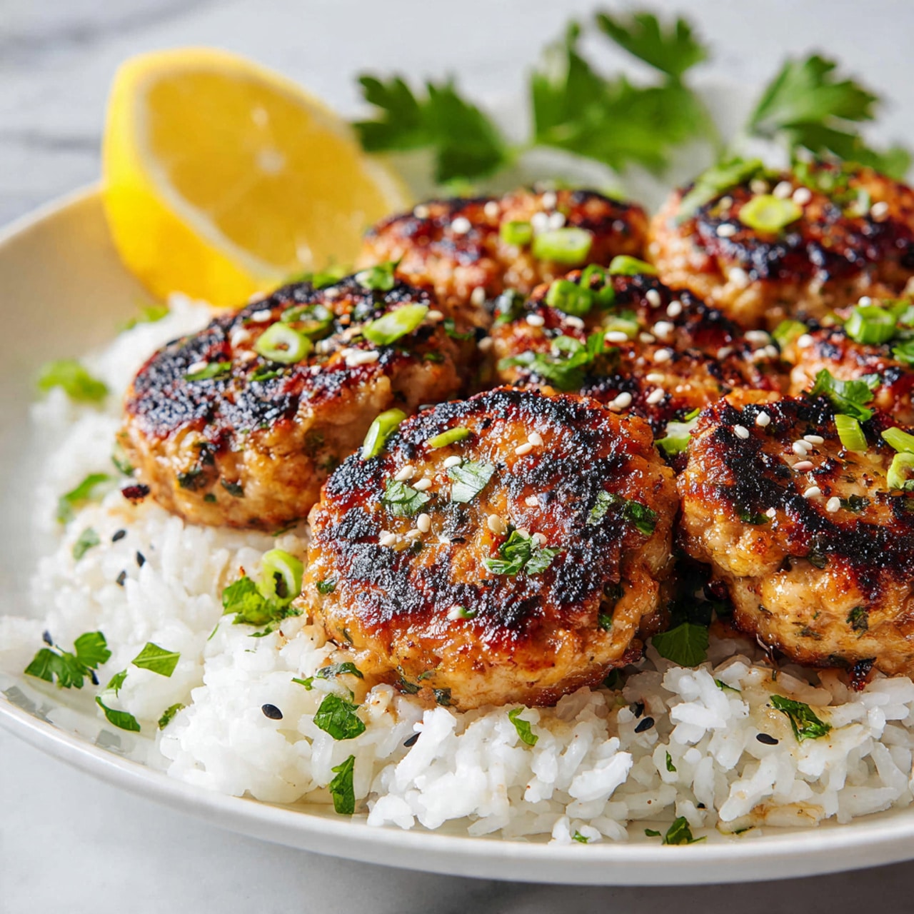 This dish shows a close-up view of several golden-brown, grilled patties with a slightly charred texture on top arranged over a bed of white rice. Each patty is sprinkled with light green chopped scallions and small green herb leaves, along with white sesame seeds adding texture. In the blurred background, there is a bright yellow lemon wedge placed on the white plate, and a few fresh green herb leaves are scattered around. The whole setup rests on a white marbled surface. photo taken with an iphone --ar 4:5 --v 7