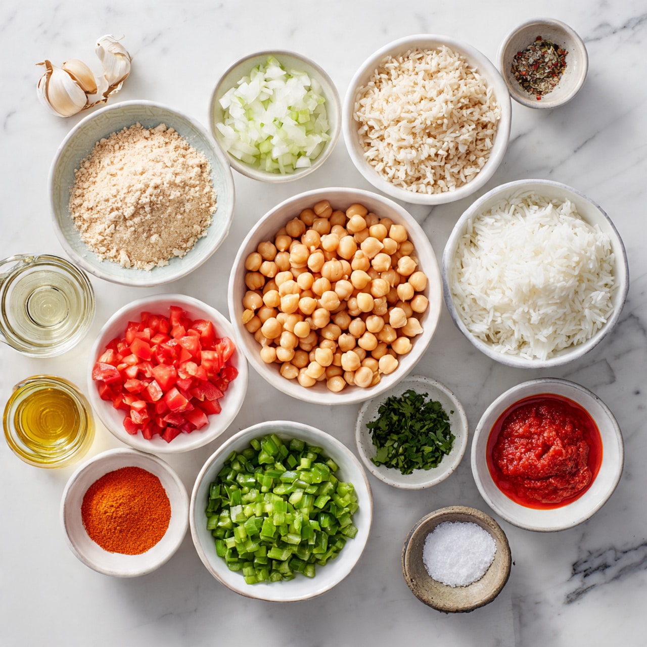 This image shows eleven white bowls arranged on a white marbled surface, each holding different cooking ingredients, all viewed from above. In the center is a large bowl filled with light brown round chickpeas. Surrounding it are smaller bowls with chopped white onions, white rice, diced red tomatoes, bright green chopped vegetables, minced garlic, a small bowl with a red sauce, and fresh green herbs. There are also glass containers with orange powder, oil, and salt nearby. The simplicity and clear separation of ingredients make it easy to see each one. Photo taken with an iphone --ar 4:5 --v 7