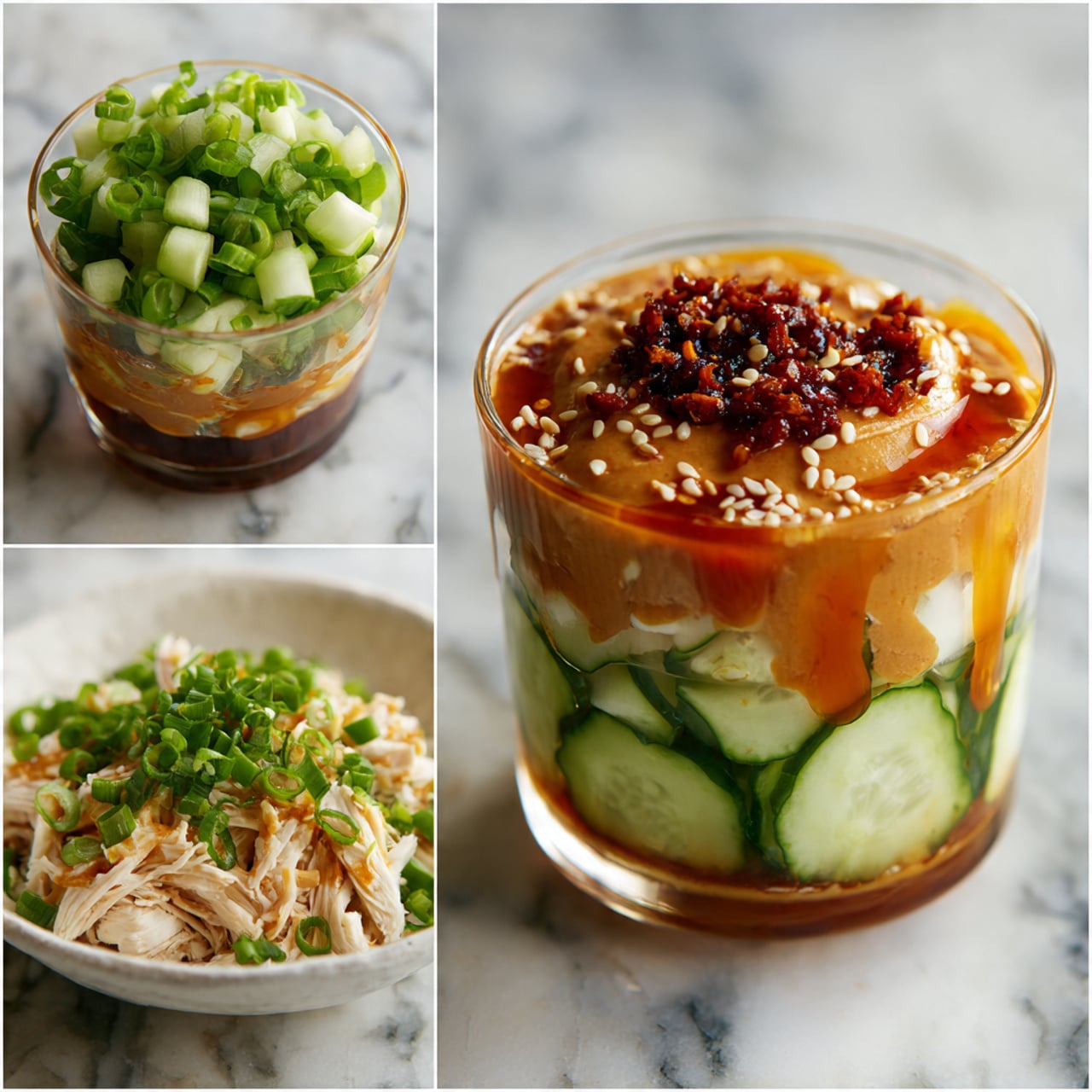 The image shows a clear measuring cup with layers of ingredients starting with a dark soy-like liquid, topped with a thick light brown peanut butter-like layer, then a drizzle of bright orange sauce; another image of the same cup now has added white sesame seeds and a dark red chili paste on top. The next image shows a pile of bright green cucumber slices with visible seeds and a fresh texture, spread in a white bowl on a white marbled surface. The final image features the cucumber slices at the bottom, shredded pale cooked chicken layered evenly over them, chopped green onions sprinkled on top, all covered with a thick, chunky light brown peanut sauce drizzled generously. photo taken with an iphone --ar 4:5 --v 7