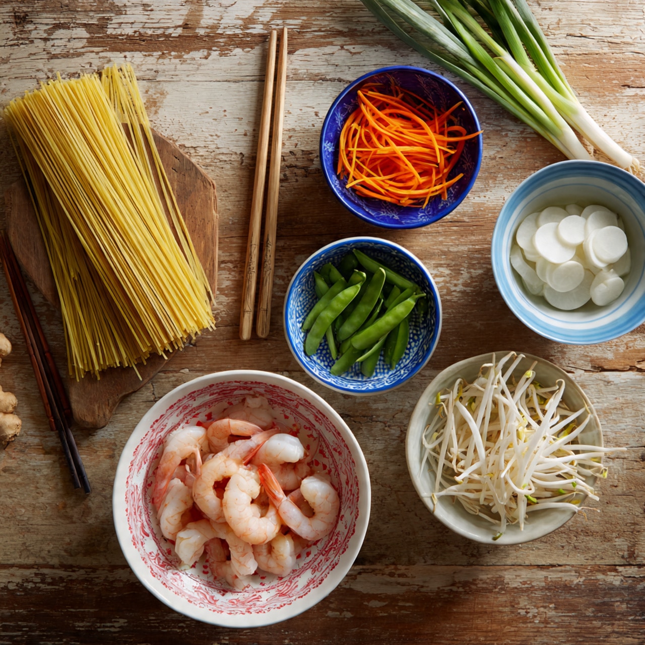 A wooden surface holds a collection of ingredients arranged neatly: a bundle of pale yellow noodles placed on a small wooden board in the lower left corner, a white bowl with pink and red patterns filled with raw shrimp in the lower right corner, a blue and white bowl with thin orange carrot strips near the top center, a white bowl containing green snap peas on the top right, a blue and white bowl filled with white bean sprouts to the right-center, a small bowl with thin pale bamboo shoots near the middle, and a small white bowl with round slices of white radish near the top left, with green spring onions lying horizontally at the very top. Chopsticks rest beside the shrimp bowl. The whole layout is on a wood-textured surface replaced with a white marbled texture now, showing a simple yet colorful mix of fresh ingredients. photo taken with an iphone --ar 4:5 --v 7