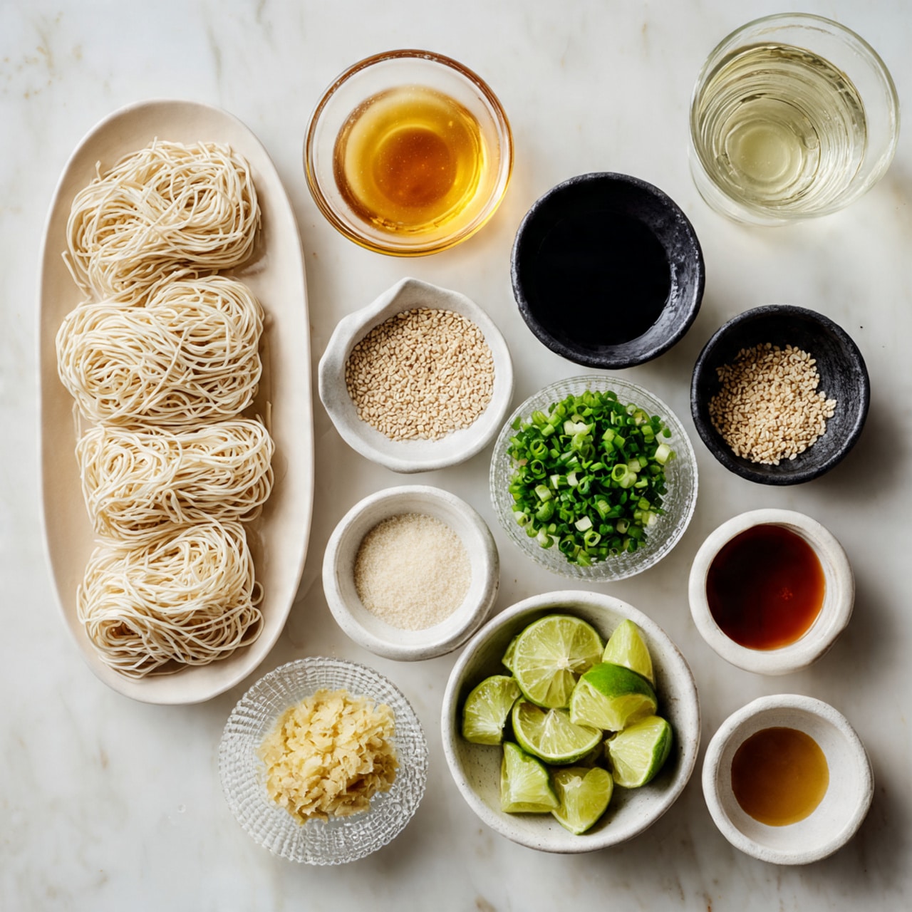 A white oval plate holds a neatly arranged bundle of thin pale beige noodles on the left side of the white marbled surface. To the right, there are eleven small white and black bowls arranged mostly in rows, each with different ingredients: top row has a transparent bowl with amber liquid, a white bowl with sesame seeds, a black bowl containing salt and chopped garlic, and a clear bowl with chopped green onions. The middle row has a textured glass bowl with smooth beige paste, a white bowl with finely grated light yellow ginger, a white bowl with dark brown liquid, and a white bowl with light brown sauce. The bottom row includes a black and white bowl with white creamy liquid, a white plate with four lime wedges and green chopped herbs, and a small white bowl with a reddish-brown liquid. A small glass of clear liquid is next to the right side bowls. The overall layout is clean and organized on the white marbled surface. photo taken with an iphone --ar 4:5 --v 7