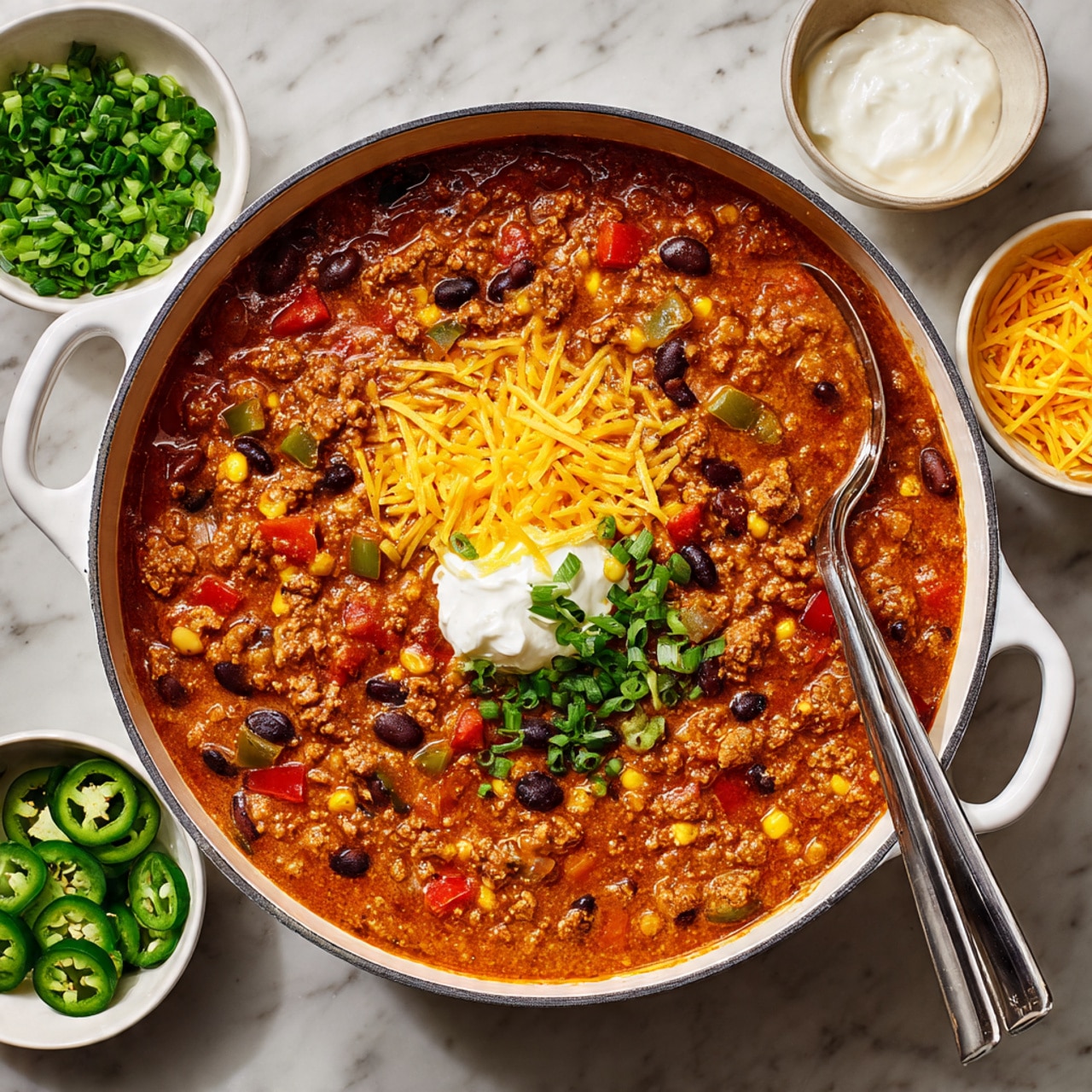 A large white pot filled with thick, orange-brown chili showing visible black beans, corn, red and green peppers, and chunks of meat. On top of the chili in the center are bright yellow shredded cheese, a dollop of white sour cream, and finely chopped green onions. Two metal spoons rest inside the pot, one partially dipped in the chili. Around the pot on a white marbled surface are small white bowls containing sliced green jalapeños, more shredded yellow cheese, chopped green onions, and a bowl of white sour cream. The scene looks fresh and colorful with a mix of warm and cool colors photo taken with an iphone --ar 4:5 --v 7