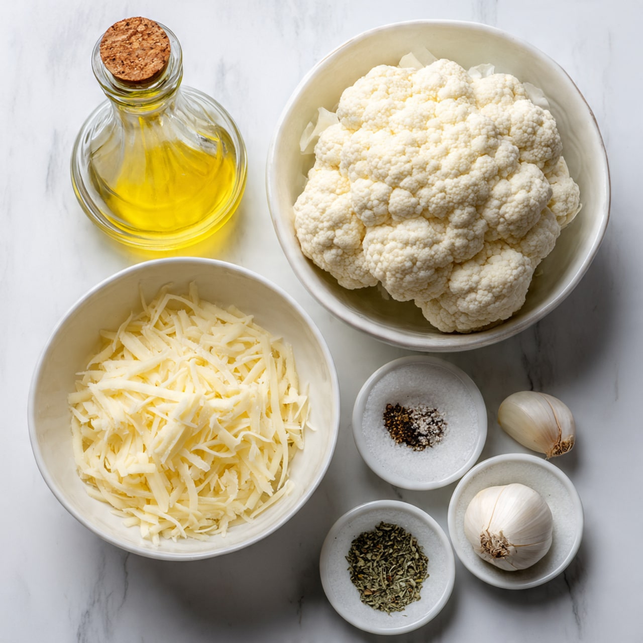 The image shows a white bowl filled with small shredded pale yellow cheese at the bottom center. Above and slightly to the left, a large piece of cauliflower with a bumpy white and light cream texture is placed inside a white bowl. To the right of the cauliflower, there are two small white dishes, one holding two white garlic bulbs and the other containing a small pile of ground black pepper. Above these, a small white bowl holds a mixture of coarse white salt and what looks like ground green herbs. At the top left corner, there's a clear glass bottle filled with pale yellow cooking oil with a cork stopper. The background is a white marbled surface. photo taken with an iphone --ar 4:5 --v 7