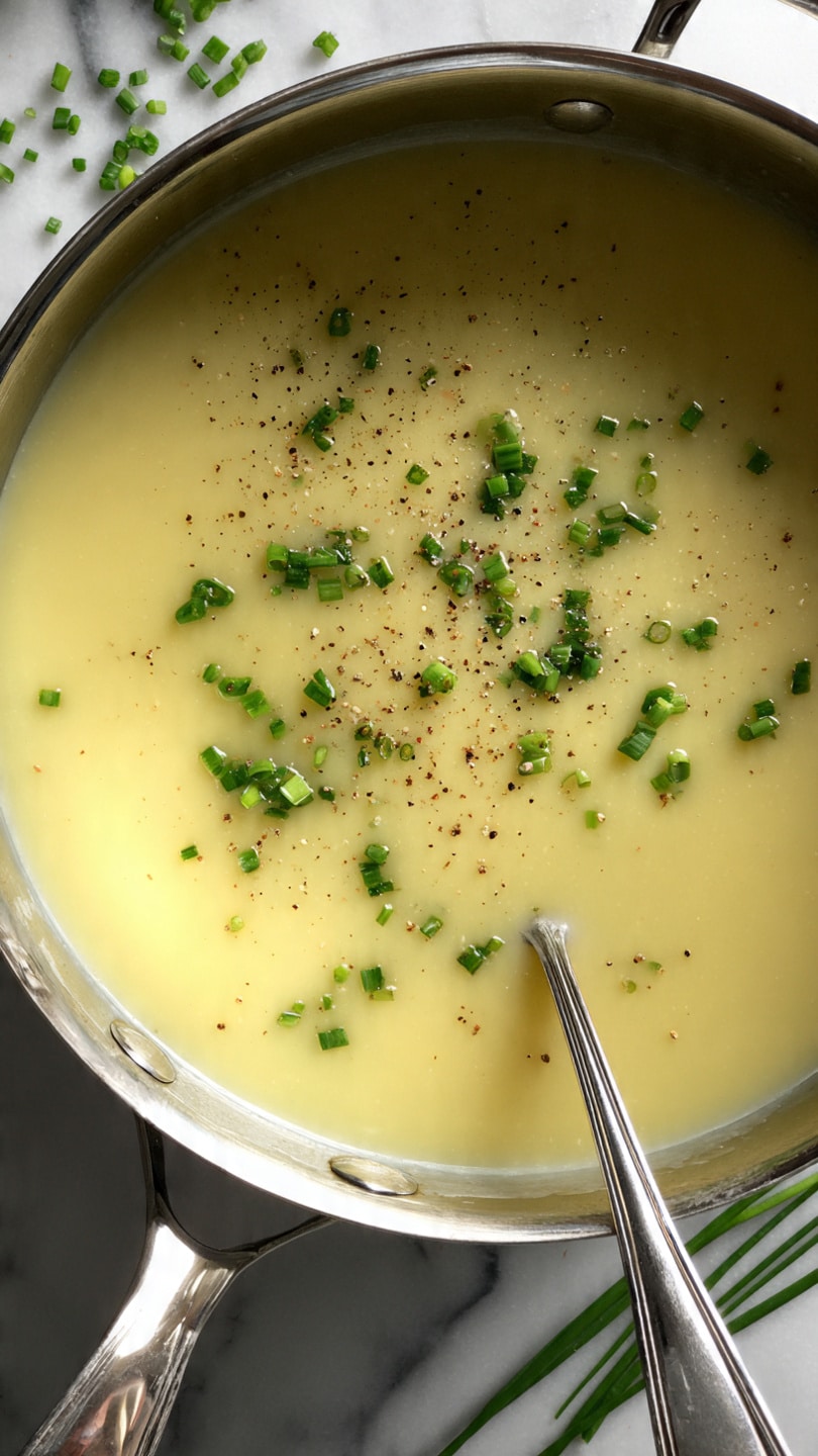 A close-up view of a smooth, creamy yellow soup inside a large silver pot, topped with small pieces of green chives and a sprinkle of black pepper in the center. A shiny silver ladle rests partially inside the soup on the right side. The pot sits on a white marbled surface with some green chives scattered around. Photo taken with an iphone --ar 4:5 --v 7