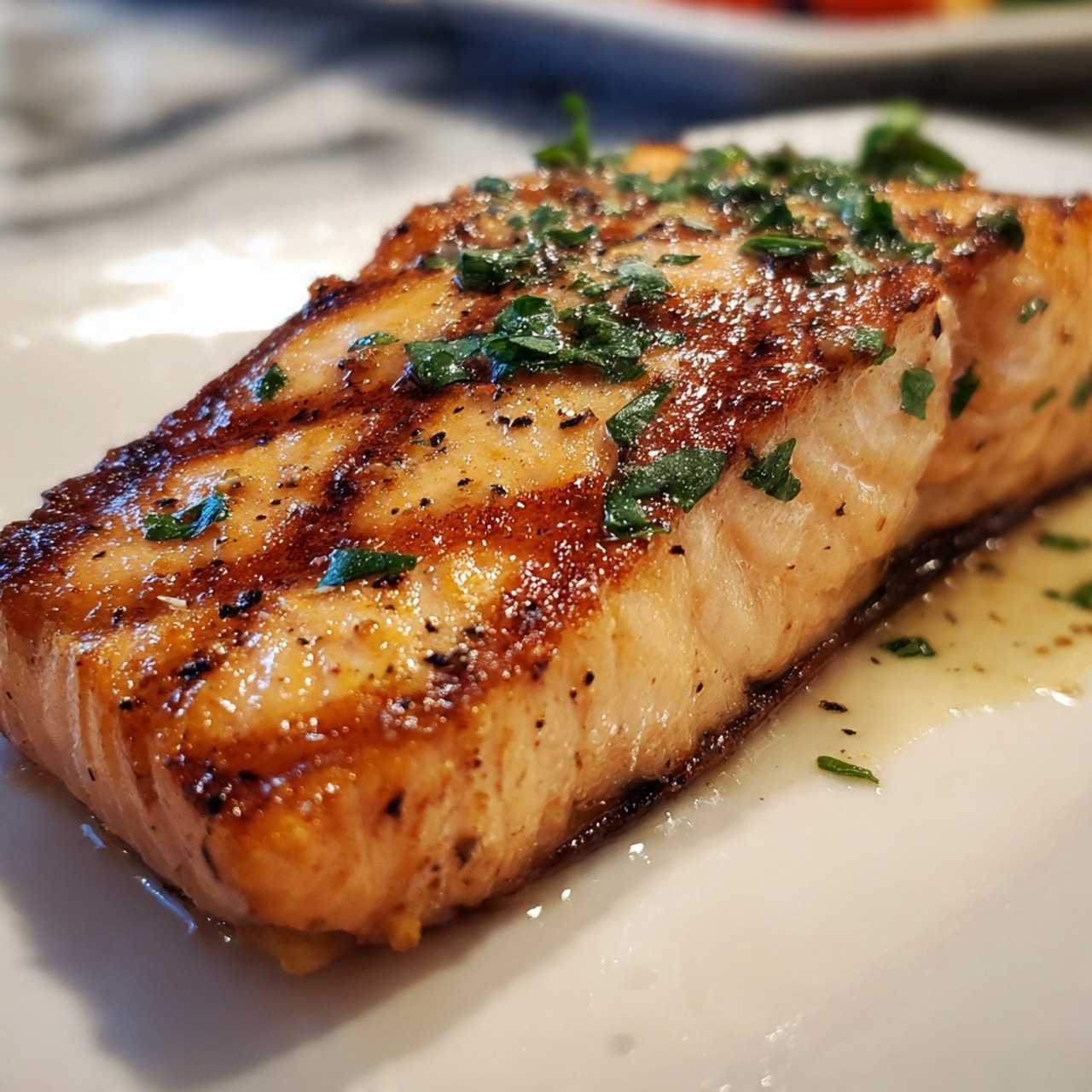 A close-up view of a single piece of golden-brown grilled salmon fillet with visible grill marks, resting on a white plate. The salmon has a moist and slightly shiny texture with sprinklings of black pepper and finely chopped green herbs on top. The surface background features a white marbled texture. Photo taken with an iphone --ar 4:5 --v 7