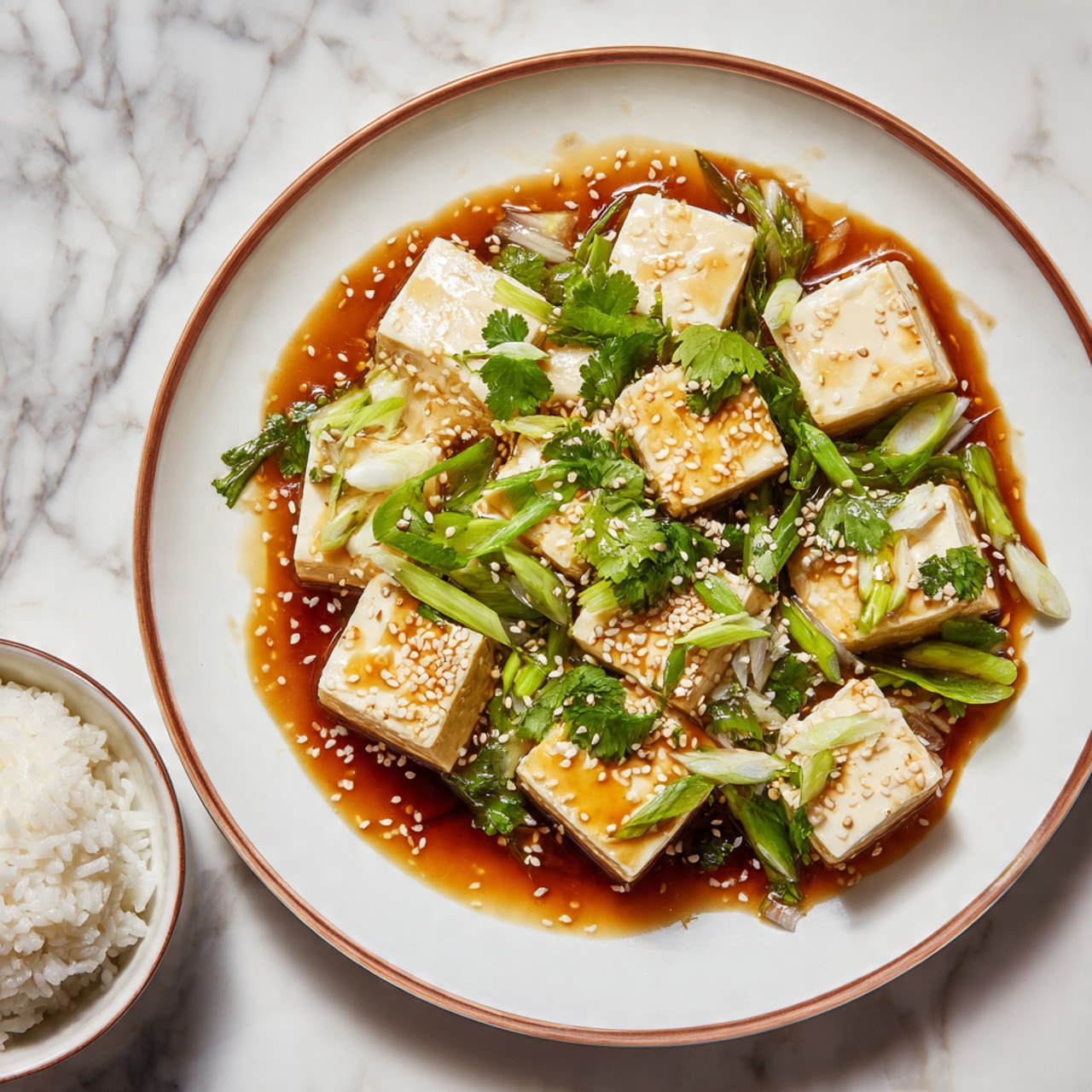 The dish shows many small white tofu blocks laid on a white plate with light brown edges, arranged in a slightly messy pile. The tofu is covered with a shiny brown sauce that pools at the base of the plate. On top of the tofu, there are green slices of spring onions and bright green coriander leaves scattered unevenly. There are also small white sesame seeds sprinkled over everything. To the side, there is a small white bowl filled with plain white rice, placed on a white marbled surface. photo taken with an iphone --ar 4:5 --v 7