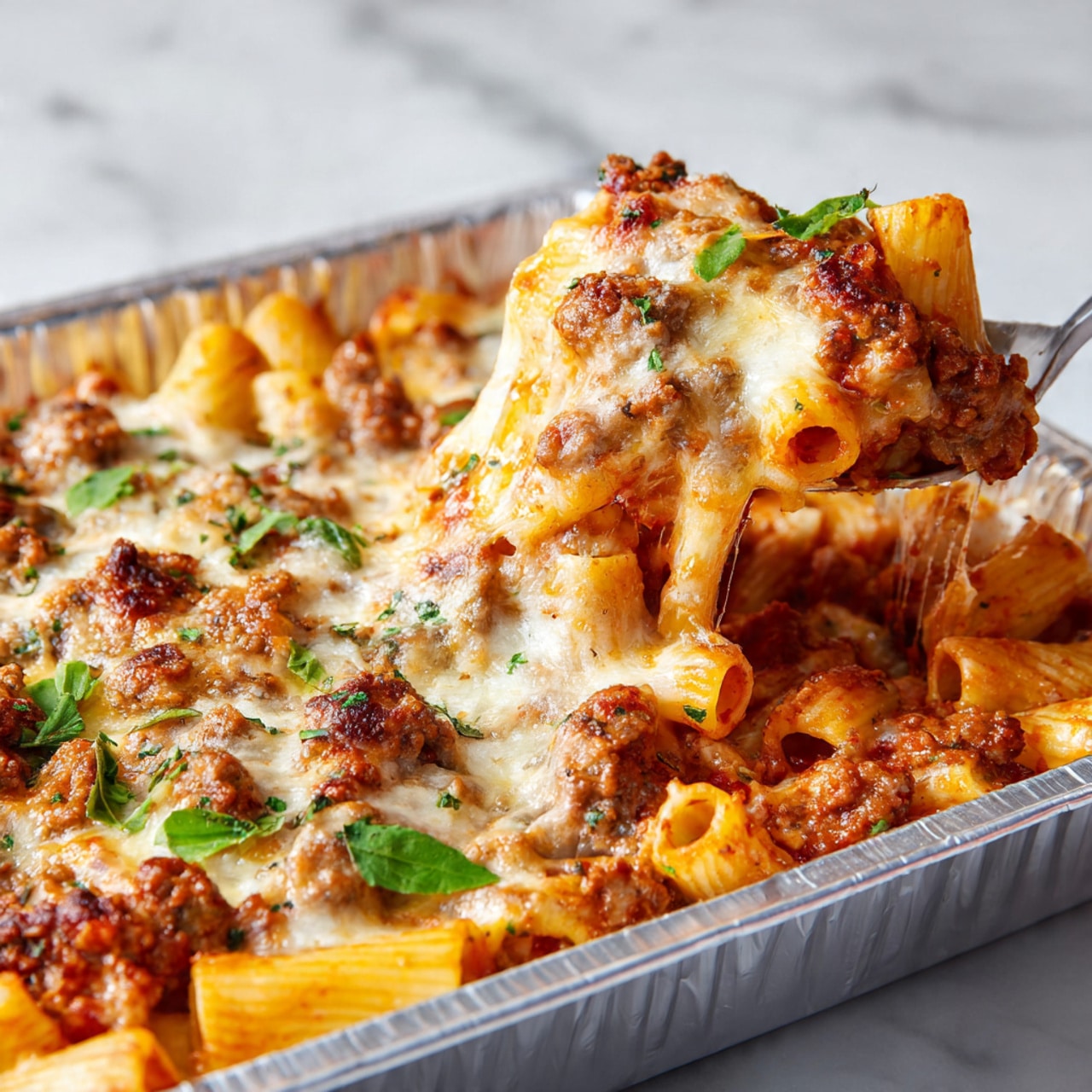 The image shows a close-up of a baked pasta dish in an aluminum tray filled with rigatoni. The rigatoni is covered with melted cheese that is golden and slightly browned in spots, creating a bubbly texture on top. There are chunks of cooked ground meat mixed throughout, with a rich tomato sauce that peeks between the pasta tubes, giving the dish a warm red and orange color. Fresh green herb leaves are scattered on top, adding a touch of color contrast. The cheese stretches slightly as a serving utensil lifts some pasta, showing a creamy and gooey texture. The background is a white marbled surface. Photo taken with an iphone --ar 4:5 --v 7