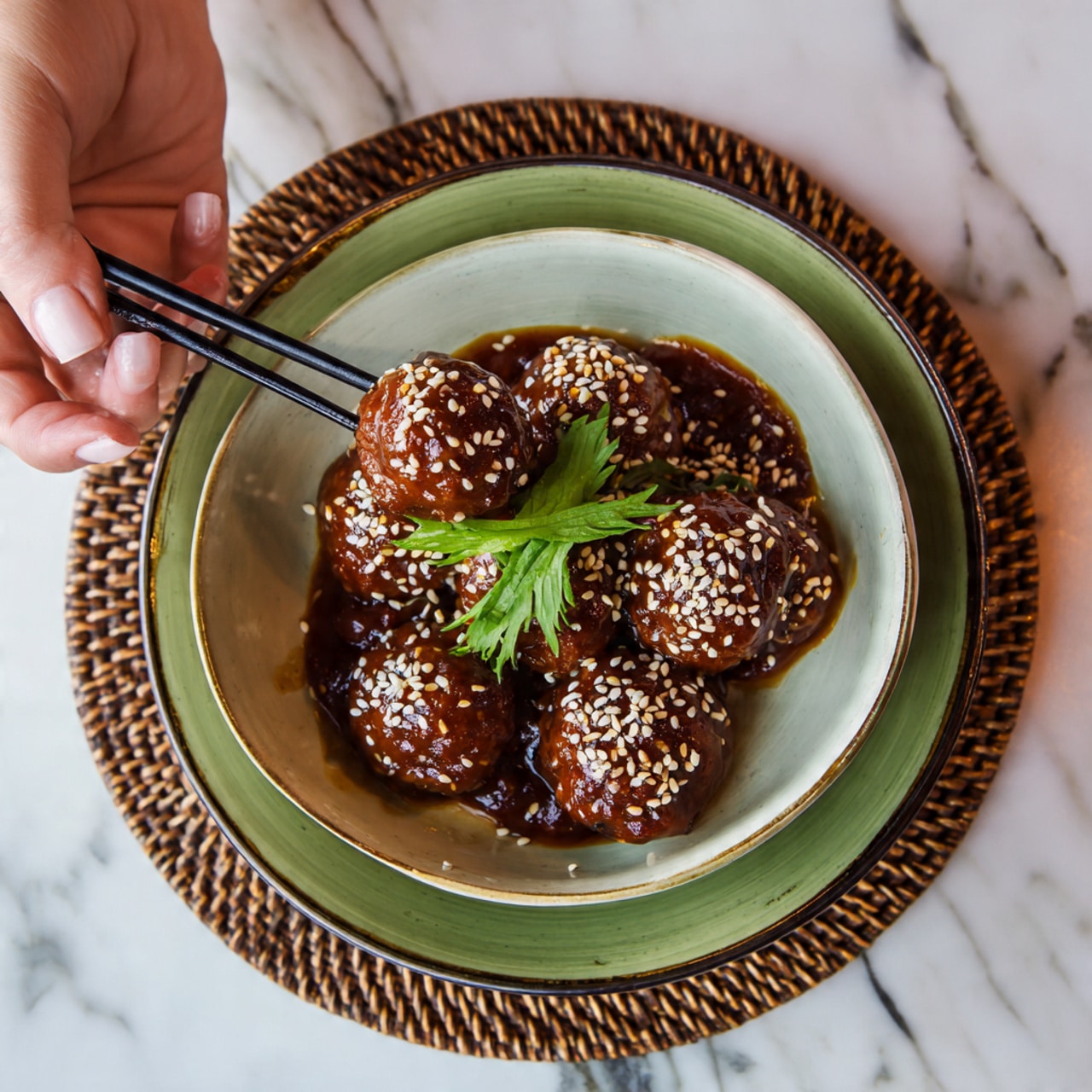 A white bowl with a green rim holds several dark brown meatballs coated in a shiny, thick sauce. The meatballs are sprinkled with white sesame seeds and topped with a small green leaf for garnish. The bowl sits on a woven mat with a white marbled surface beneath. A pair of black chopsticks rests on the edge of the bowl, and a woman's hand is about to pick up one meatball. photo taken with an iphone --ar 4:5 --v 7