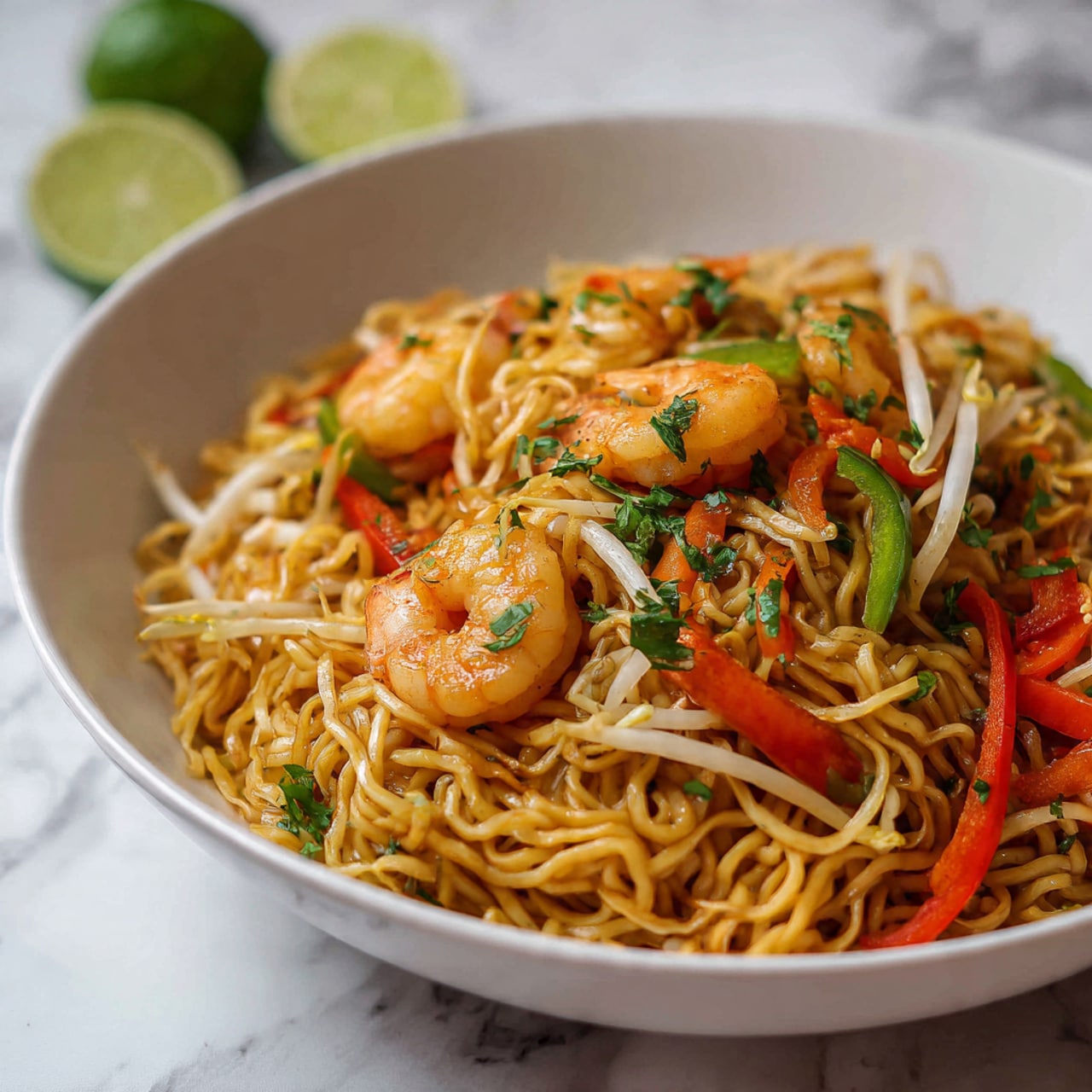 The image shows a close-up of a white bowl filled with three main layers: the base layer is long, light brown noodles with a slightly glossy texture; on top of the noodles, there are pieces of cooked shrimp with a pale orange color and a firm texture; mixed in and around the shrimp and noodles are thin slices of red and green bell peppers, and white bean sprouts, adding bright color and crunch. The dish is garnished with small green herb leaves scattered across the top, and there is a lime half blurred in the background on a white marbled surface. photo taken with an iphone --ar 4:5 --v 7