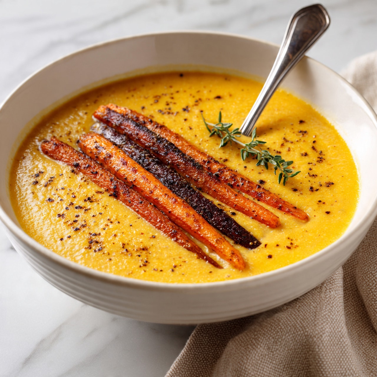 A white bowl filled with thick, creamy orange soup speckled with black pepper. On top of the soup are five roasted carrot sticks, placed close together in the center, showing a slightly charred, dark brown exterior and bright orange inside. A small green sprig of thyme rests beside the carrots on the soup surface. A silver spoon is partially submerged in the soup at the right side of the bowl. The bowl is placed on a white marbled surface with a beige cloth napkin on the right. Photo taken with an iphone --ar 4:5 --v 7