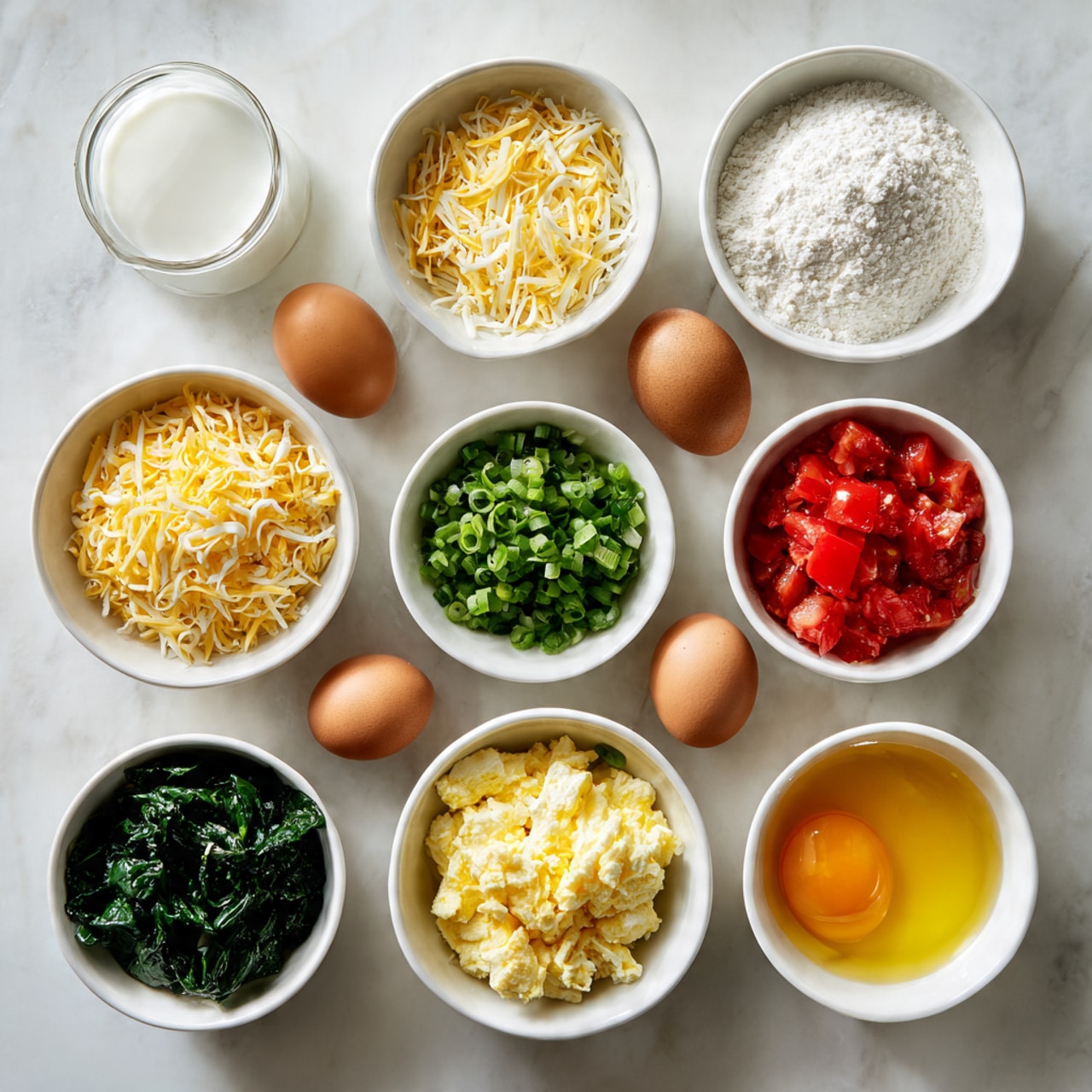 The image shows twelve small white bowls arranged neatly on a white marbled surface. The bowls contain various ingredients: one with shredded yellow and white cheese in the center, one with bright green chopped scallions below it, another with fluffy scrambled eggs at the bottom right, two with chopped red tomatoes on the bottom left and top right, one filled with fresh dark green spinach leaves on the left middle, one with white flour above the cheese, a smaller one with salt above the scallions, and another white bowl with an egg yolk on the top right. There are three whole brown eggs placed near the spinach bowl on the left and a small transparent glass bowl filled with white milk at the top left. All the bowls are set on the white marbled surface. photo taken with an iphone --ar 4:5 --v 7