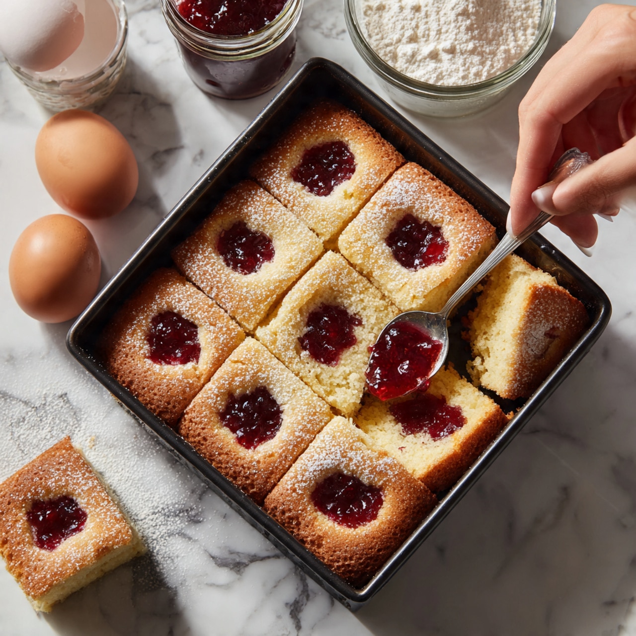 The image shows a close-up of a square cake in a black baking pan, with round sections filled with red jam in the center of each section. The cake has a golden-brown color with a soft and slightly bumpy texture on top. A woman's hand is spooning jam into one of the round sections. The cake is fluffy inside, shown by a single square piece on a white surface nearby, with visible red jam pockets and a dusting of white sugar on top. The background shows white marble texture with baking ingredients like sugar, flour, eggs, and jam jars placed neatly. Photo taken with an iphone --ar 4:5 --v 7