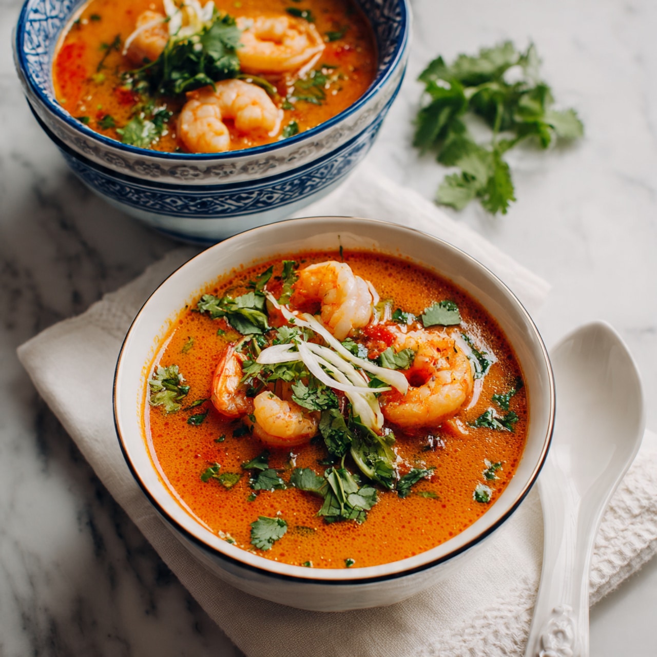 The image shows two bowls of soup placed on a white marbled surface with a white cloth underneath. The front bowl is white with a dark blue rim, filled with a thick orange soup that has visible chunks of tomato, green herbs, and shrimp. The shrimp are light orange and mixed throughout the soup, with fresh green cilantro leaves and thin strips of ginger on top adding bright color. Behind it, there is a larger white bowl with blue patterns around the rim and side, also filled with the same orange soup and garnished with shrimp and green herbs. A white spoon rests next to the front bowl. The overall scene looks warm and comforting with fresh ingredients. photo taken with an iphone --ar 4:5 --v 7