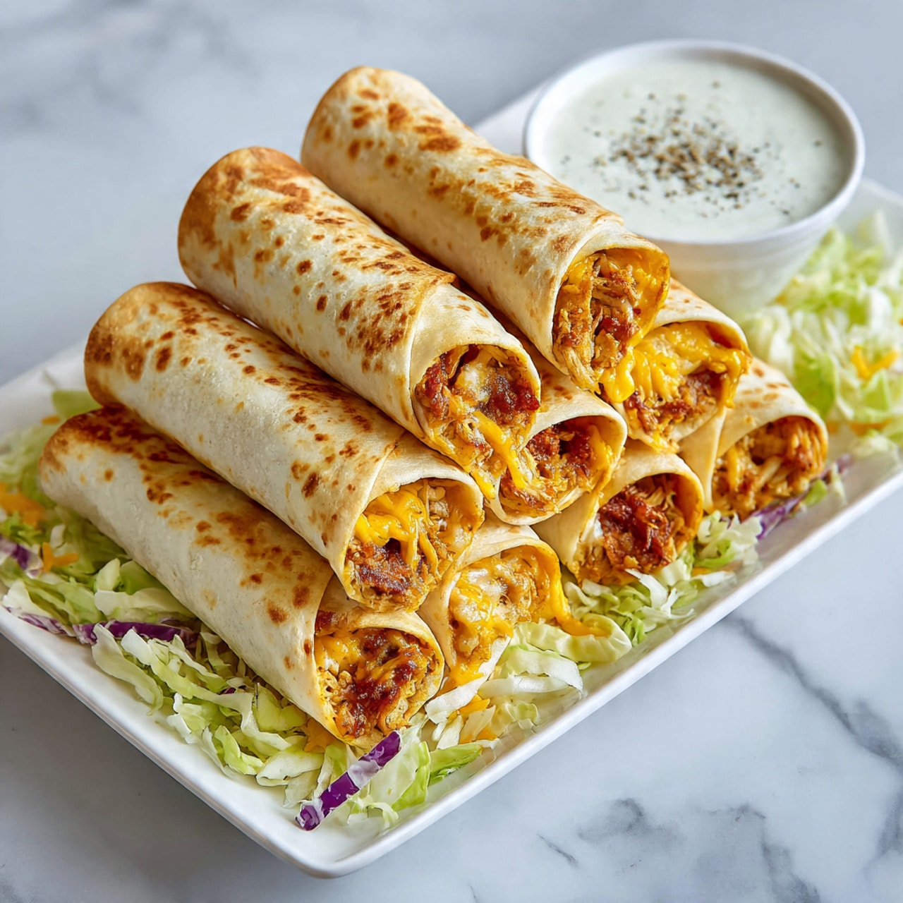 The image shows a white plate filled with six rolled tacos arranged in two overlapping rows. The tacos have a light golden-brown, slightly crispy tortilla exterior with some browned spots. Inside, visible fillings include melted yellow cheese and small pieces of reddish-brown meat. The tacos rest on a bed of shredded light green and white lettuce with a few pieces of purple cabbage scattered beneath. To the right side of the plate, there is a small white bowl of creamy white dipping sauce topped with a sprinkle of black pepper. The plate sits on a white marbled surface. Photo taken with an iphone --ar 4:5 --v 7