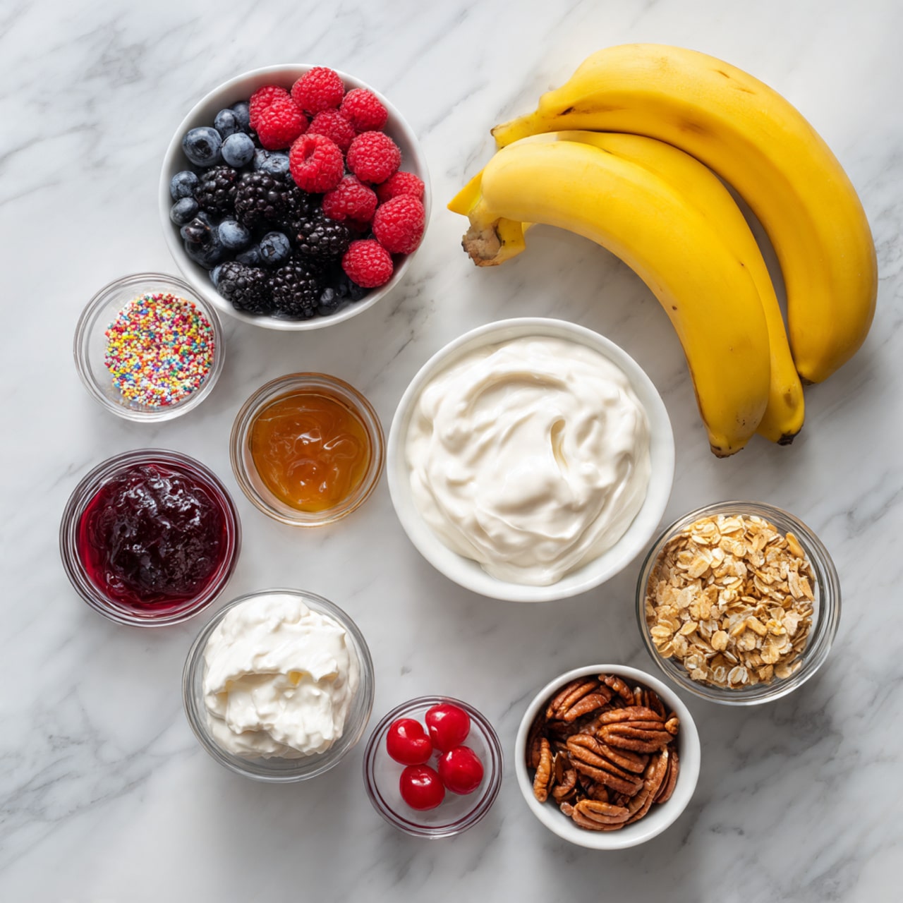 The image shows a variety of colorful ingredients neatly placed on a white marbled surface. There are two bright yellow bananas on the top right. To the left, a white bowl full of mixed berries including blueberries, raspberries, and blackberries. Below the bananas, there is a white bowl with a creamy white substance that looks like yogurt. Around these main items, small clear glass bowls hold different items: red jelly, light brown peanut butter, dark purple jam, white whipped cream, colorful sprinkles, and two red maraschino cherries. Beside the bowl of yogurt, there are two white bowls, one filled with brown pecan nuts and the other with golden brown granola. The arrangement is clean and bright, with a clear view of each ingredient’s color and texture. Photo taken with an iphone --ar 4:5 --v 7