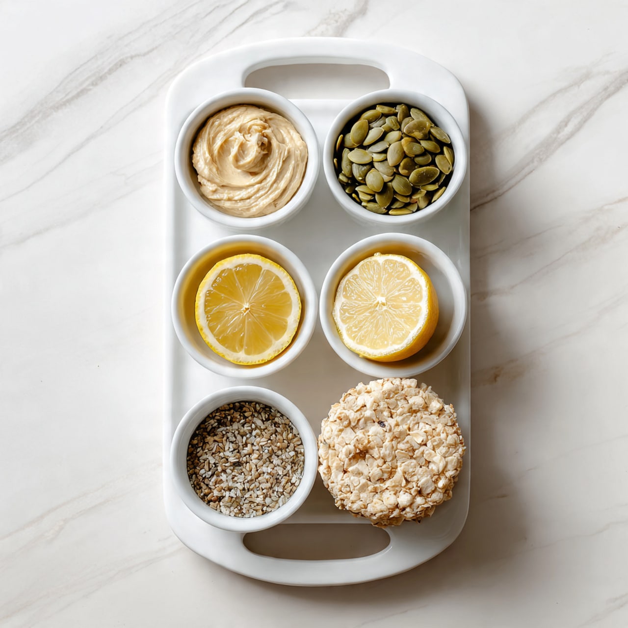 The image shows five small white bowls arranged neatly on a white tray with a curved handle, placed on a white marbled surface. From top left clockwise, the first bowl contains a light beige creamy spread with a smooth texture. The second bowl has green pumpkin seeds with some white edges. The third bowl holds a round slice of lemon with a vibrant yellow color and visible white rind. The fourth white bowl contains small brown seeds, and the last white bowl has a round, textured rice cake with a light cream color and slight unevenness on the surface. Photo taken with an iphone --ar 4:5 --v 7