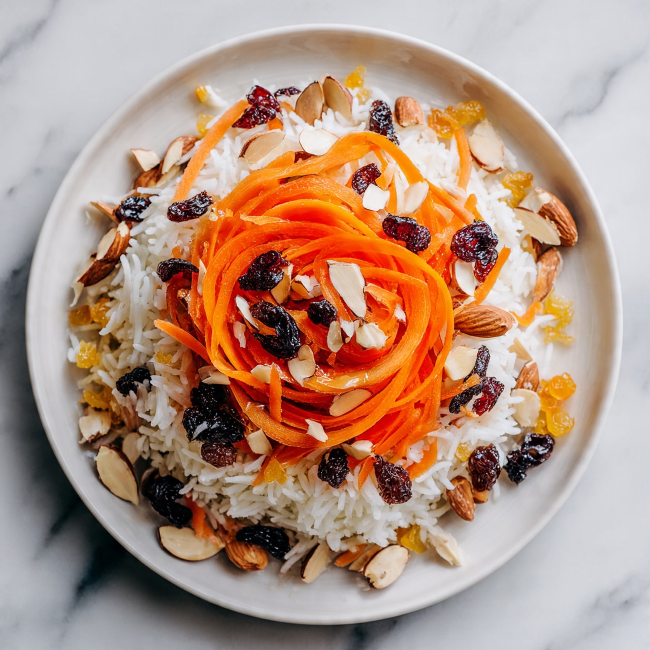 A close-up of a round white plate filled with a colorful rice dish. The bottom layer is white fluffy rice topped with thin orange carrot strips arranged in a swirl shape. Scattered on top are small clusters of golden raisins, sliced almonds, and dark dried berries. The dish shows a mix of colors with white rice, bright orange carrots, dark berries, and light-colored almond slices, all sitting on a white marbled surface. Photo taken with an iphone --ar 4:5 --v 7