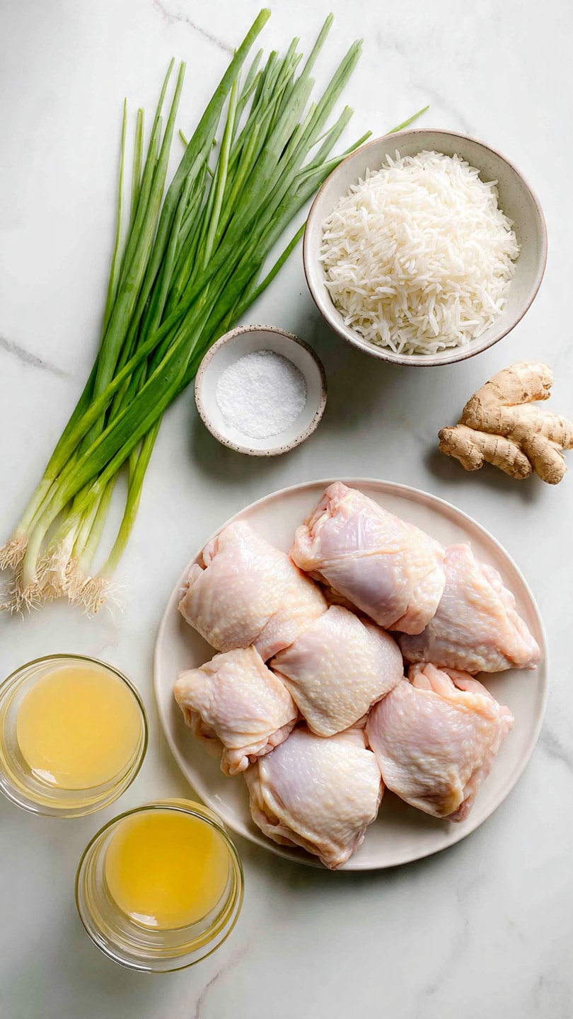 The image shows raw chicken thighs arranged neatly on a white plate on the right side of a white marbled surface. To the left of the chicken, there is a bunch of fresh green onions with white bulbs and long green leaves. Above the onions, a small bowl of white rice sits next to another small bowl containing coarse white salt. Two glass containers filled with yellow broth or liquid are placed on the left side of the image, adding warm color tones. A piece of fresh ginger with light brown skin is positioned near the top right corner of the rice bowl. The scene is clean and well-lit, highlighting the fresh ingredients. photo taken with an iphone --ar 4:5 --v 7
