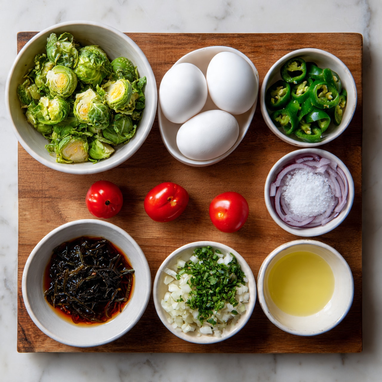 The image shows a wooden board with several small white bowls and a few loose ingredients arranged neatly. Each bowl contains different ingredients: one with green Brussels sprouts, another with two white eggs, a third with green chili peppers, and a fourth with fresh chopped green herbs. There is a bowl of thinly sliced red onions, a small white bowl with a pale yellow liquid, and another with coarse white salt. Additionally, there is a small bowl filled with chopped white garlic cloves mixed with a red chili pepper, and one more bowl containing a dark brown liquid with some black strips inside. Three small red cherry tomatoes are placed in the center of the arrangement. The wooden board sits on a white marbled textured surface. photo taken with an iphone --ar 4:5 --v 7
