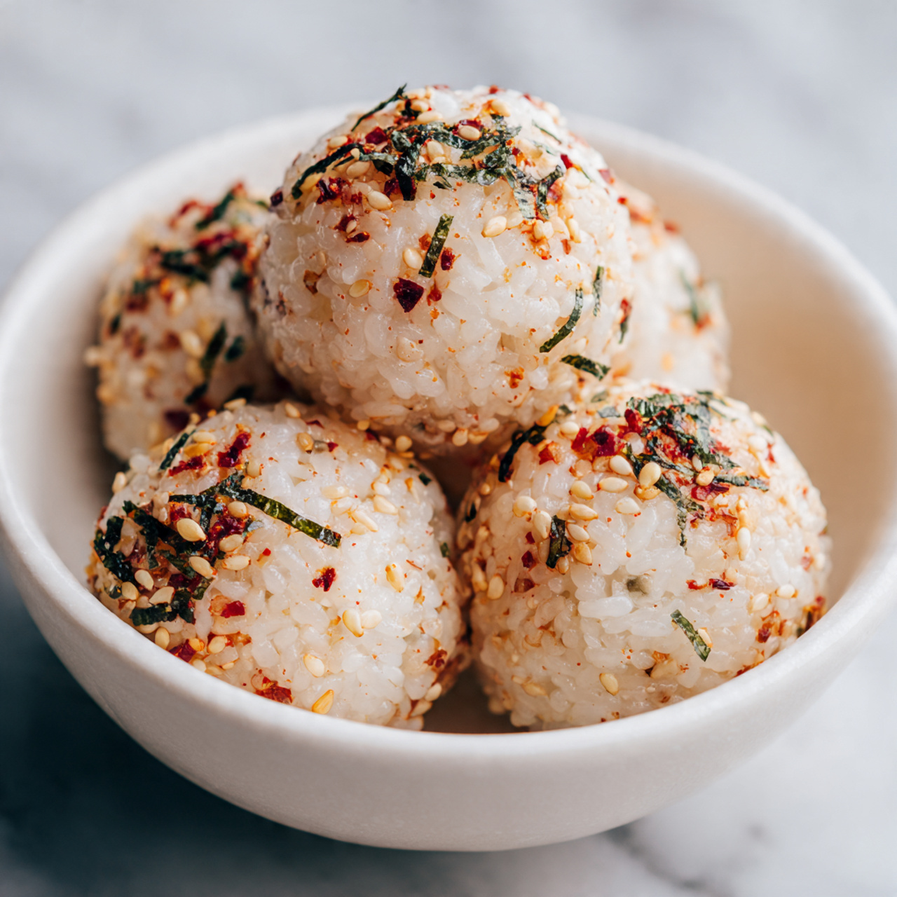 A white bowl filled with five round rice balls covered in small sesame seeds, tiny green seaweed pieces, and light red spice flakes evenly spread over their surface. The rice grains look sticky and shiny, giving a slightly wet texture. The background shows a soft white marbled surface out of focus, adding contrast to the warm tones of the rice balls. The photo is a close-up shot, highlighting the detailed textures of the rice and toppings. photo taken with an iphone --ar 4:5 --v 7