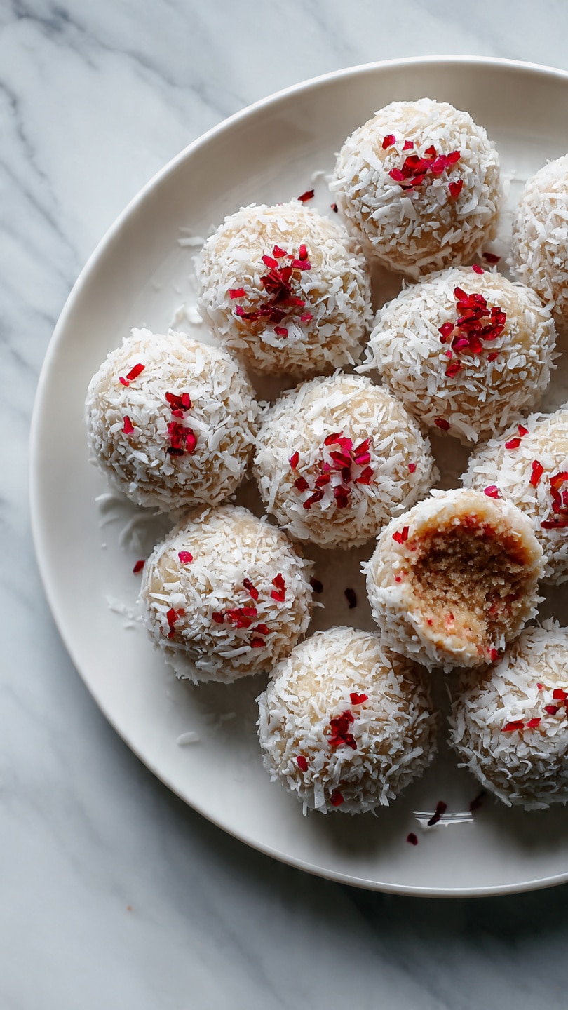 A white plate holds ten round dessert balls coated with shredded coconut and sprinkled with small red bits on top. One ball is broken open, showing a brown, dense inside texture. The plate is on a white marbled surface. Photo taken with an iphone --ar 4:5 --v 7