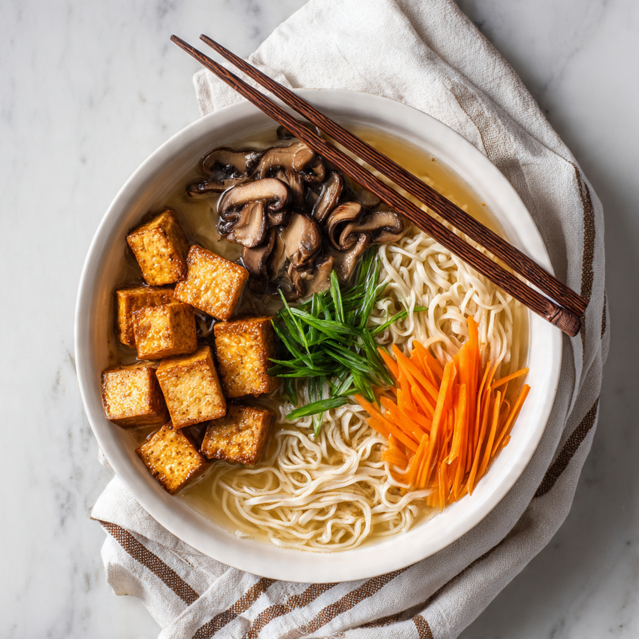 A large white bowl sits on a white marbled surface. Inside, thick noodles fill the base, lightly covered by a beige broth. On one side, small golden tofu cubes are stacked neatly, showing a crispy texture. Next to the tofu, thinly sliced mushrooms are laid in a small mound, brown and slightly shiny. Bright orange thin carrot strips are arranged in a small pile near the center, and a few long green onion pieces lie beside the carrots. Two wooden chopsticks rest across the top edge of the bowl above the dish. A folded white cloth with thin brown stripes is placed by the bowl on the surface. Photo taken with an iphone --ar 4:5 --v 7