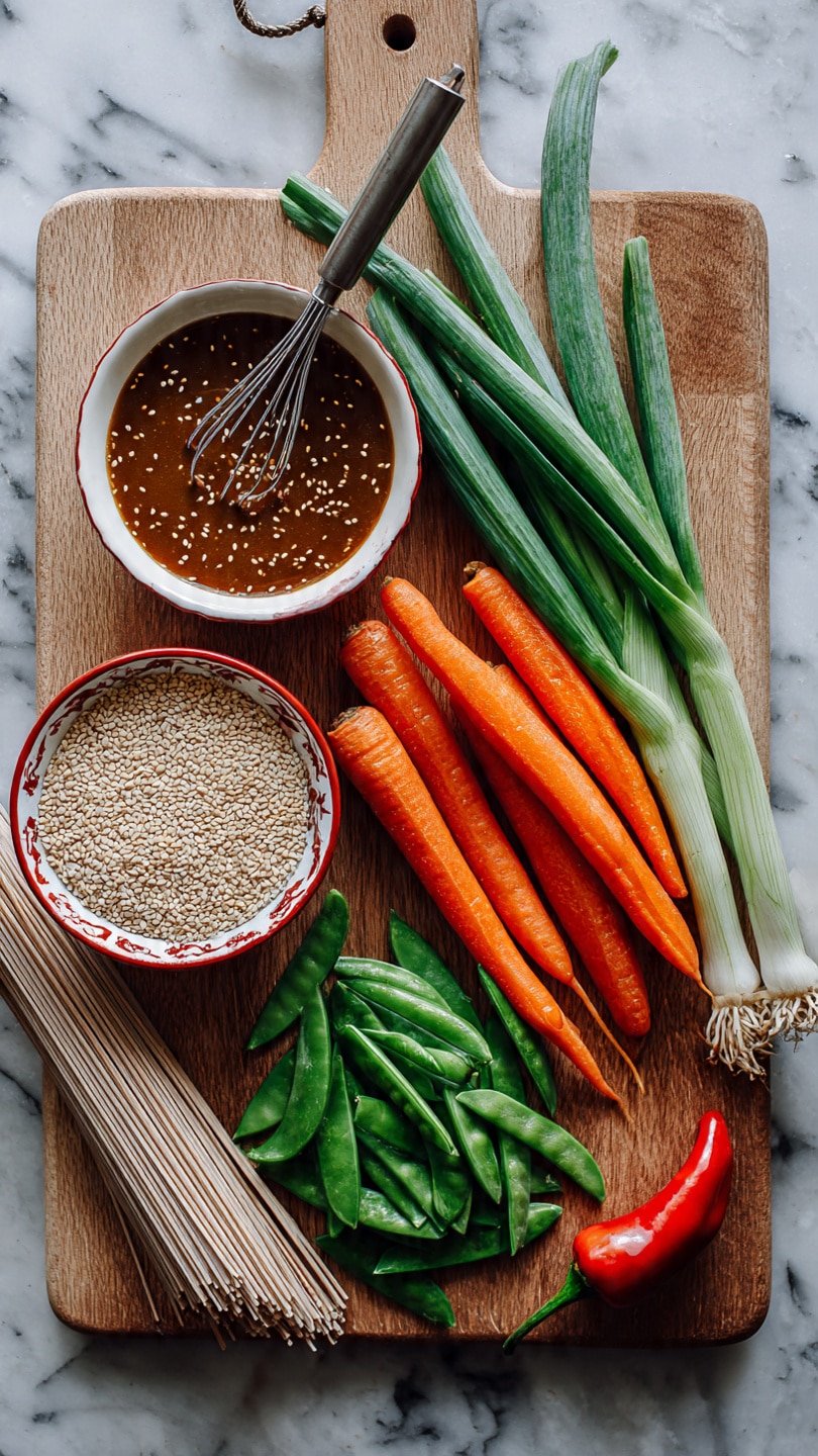 A wooden board lays on a white marbled surface, holding bright orange carrots with green tops on the right, long green spring onions with white ends spread across the middle, and fresh green snap peas at the bottom right. On the left side, a white bowl filled with light tan sesame seeds is placed next to a patterned white bowl with a red rim containing a brown sauce with a metal whisk inside. Below the bowls, there is a red chili pepper resting beside a pack of soba noodles leaning against the board, showing a clear window of thin light brown noodles inside. photo taken with an iphone --ar 4:5 --v 7