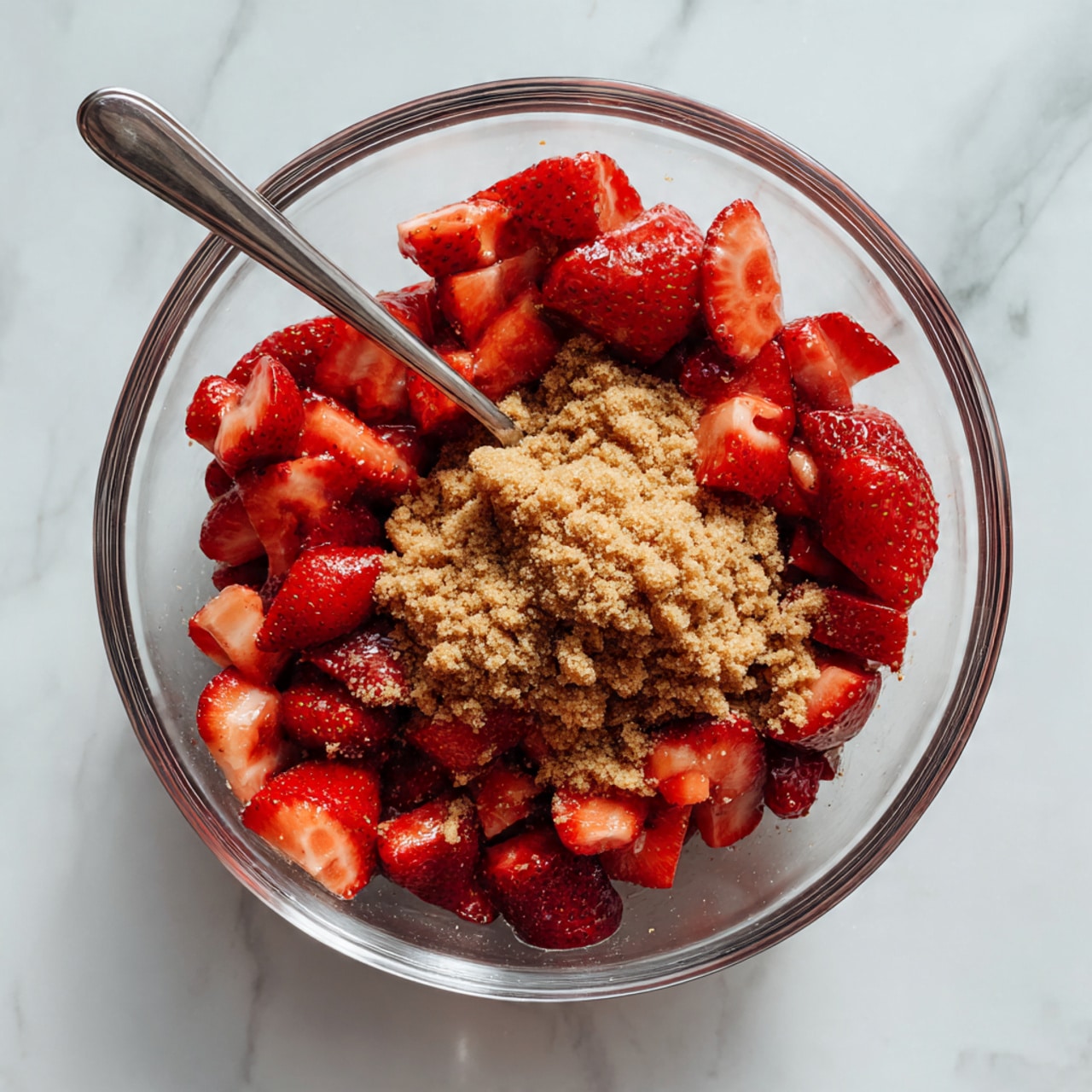 The image shows a clear glass bowl placed on a white marbled surface, filled with two main layers. The bottom layer consists of bright red chopped strawberries with a juicy texture, while the top layer is a light brown, crumbly pile of brown sugar sitting in the center, partially covering the strawberries. A silver spoon rests inside the bowl, positioned with its handle extending out to the left side. Photo taken with an iphone --ar 4:5 --v 7
