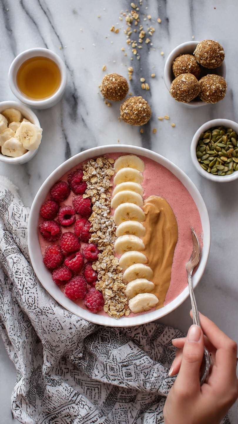 A white bowl filled with a smooth pink smoothie base, topped with a neat row of evenly sliced yellow banana pieces on one side. Next to the bananas is a thick dollop of light brown peanut butter, and on the other side is a heap of bright red raspberries. Sprinkled in the center is a mix of crunchy granola with visible seeds. Around the main bowl are several small white dishes containing extra banana slices, more raspberries, round brown energy balls, a cluster of green seeds, and a small bowl of golden liquid, all placed on a white marbled surface. A woman’s hand holding a spoon reaches toward the bowl. A gray and white patterned cloth partially covers the lower edge of the scene. photo taken with an iphone --ar 4:5 --v 7