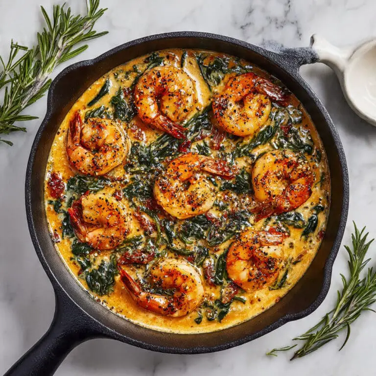 Tuscan Shrimp in Creamy Garlic Sauce with Spinach and Sun-Dried Tomatoes Recipe