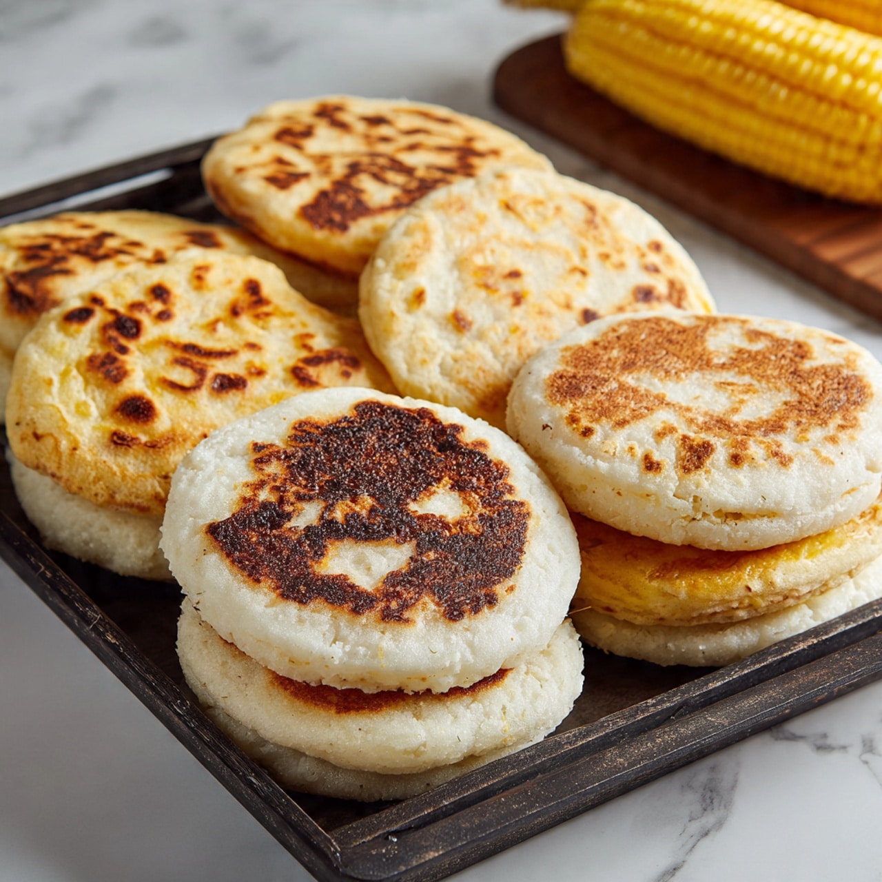 The image shows six arepas arranged in two rows on a dark tray placed on a white marbled surface. Each arepa has two layers: the bottom layer is a soft, white corn cake with a slightly rough texture, and the top layer is a golden-brown, crisped tortilla folded over the arepa, giving it a warm, toasted look. The top tortillas have uneven brown spots indicating a light, even cooking. In the background, there is a piece of yellow corn partially visible, adding a fresh touch to the scene. photo taken with an iphone --ar 4:5 --v 7