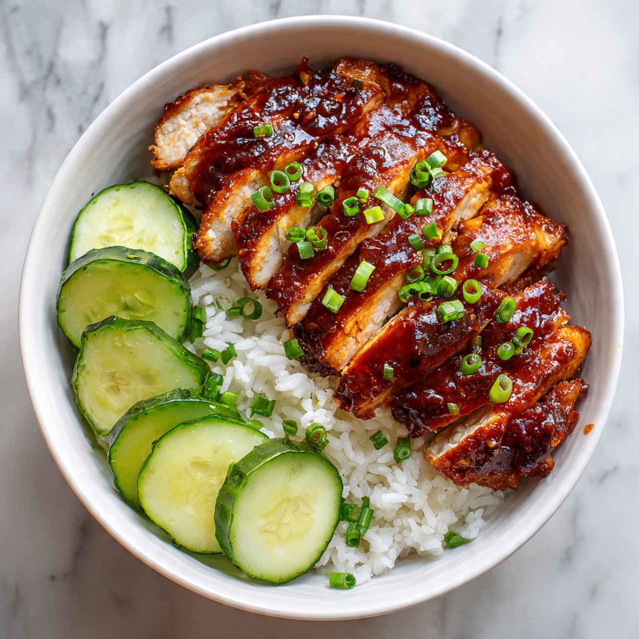 The image shows a white bowl filled with three main layers. The bottom layer on the right side is white rice with a small amount of sliced green onion on top. The middle layer is a row of sliced cucumber pieces, light green with dark green skin, placed on the left side in the bowl. The top layer is several thick pieces of grilled chicken coated in a shiny, dark reddish-brown sauce, garnished with small chopped green onions sprinkled over the chicken. The bowl is placed on a white marbled surface. Photo taken with an iphone --ar 4:5 --v 7