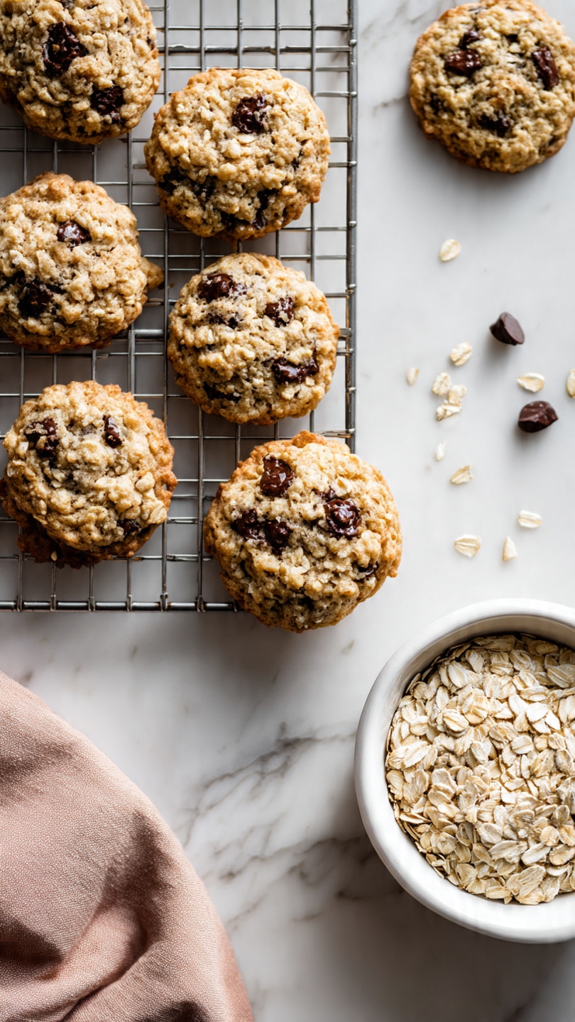 The image shows a group of oatmeal chocolate chip cookies with a rough textured light brown color and scattered dark chocolate chips, sitting on a silver cooling rack placed on a white marbled surface. Around the rack, several more cookies lie directly on the white marbled surface. On the right side, there is a white bowl filled with dry oats, showing a clear layer of pale yellowish oats inside. A small part of a light pink cloth is visible in the lower left corner. The scene is bright and clean with a focus on the rough oat texture and dark chocolate spots on the cookies. photo taken with an iphone --ar 4:5 --v 7