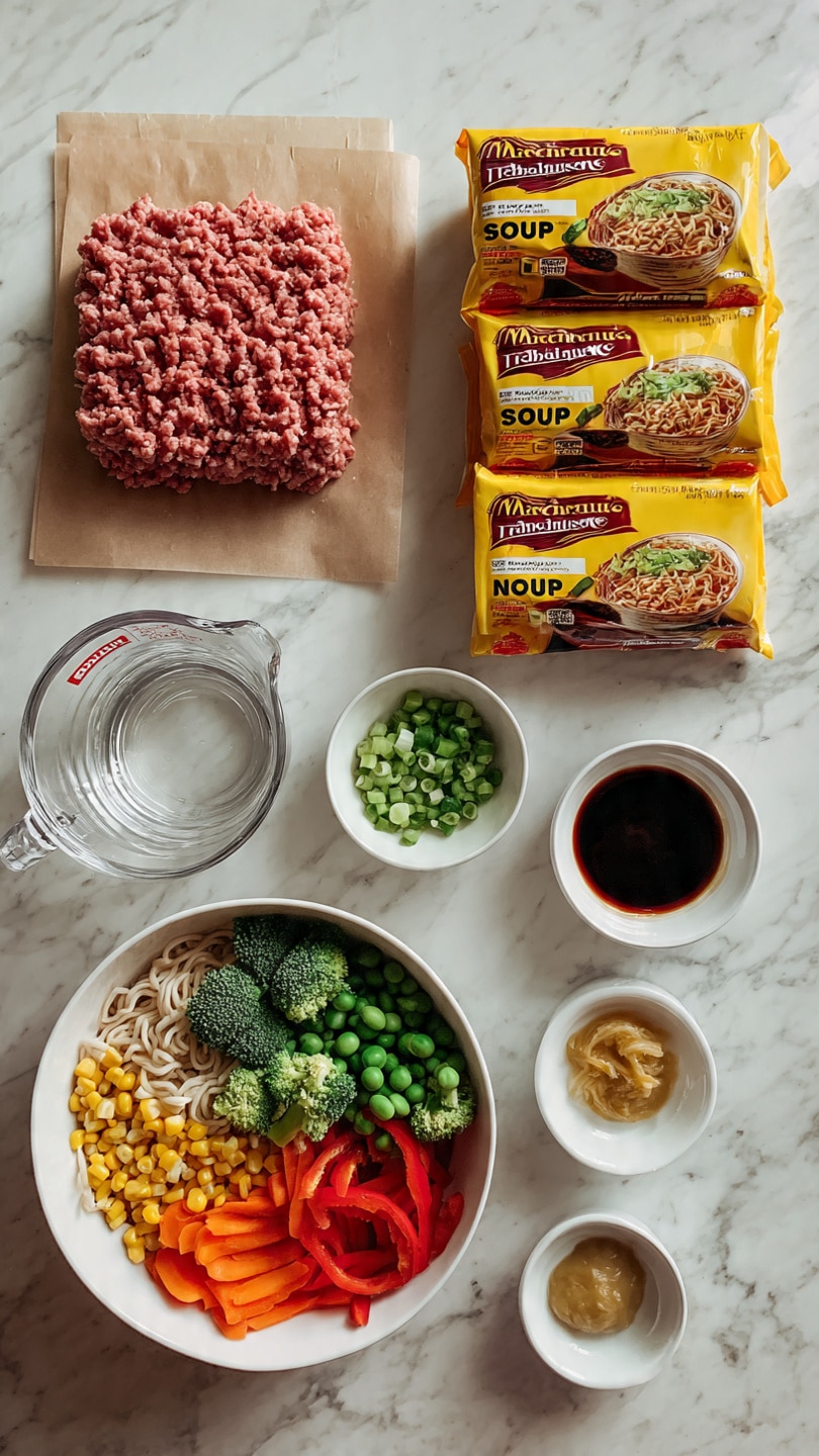 The image shows ingredients laid out on a white marbled surface. There is a square block of raw ground meat on a brown piece of paper at the top left. To the right, four yellow and brown packages of Maruchan Ramen Noodle Soup in pork flavor stack vertically. Below the meat block is a clear measuring cup filled with water. At the bottom left is a white bowl filled with mixed frozen vegetables including green snap peas, red bell pepper slices, orange carrots, baby corn, and broccoli. To the right of the vegetables, three small white bowls are lined up vertically; the top bowl has green chopped scallions, the middle contains a dark thick sauce, and the bottom has a light-colored mustard-like paste. The entire scene looks bright and clean with all the ingredients ready for cooking. photo taken with an iphone --ar 4:5 --v 7