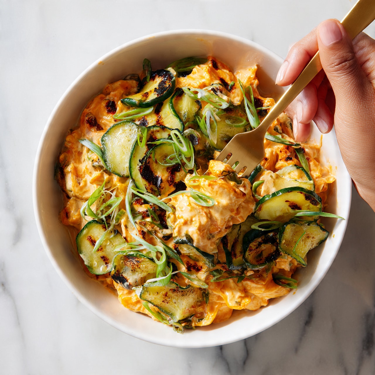 A close-up of a white bowl filled with a layered dish, where the bottom layer is creamy and orange with a soft texture, mixed with green onions scattered on top. On top of this base, there are thin, green cucumber slices with a slightly glossy look and some dark grill marks here and there. A woman's hand is holding a gold-colored fork that is lifting a portion of the dish, showing the mix of the creamy orange layer intertwined with the curled cucumber slices and bits of green onion. The background is a white marbled texture. photo taken with an iphone --ar 4:5 --v 7