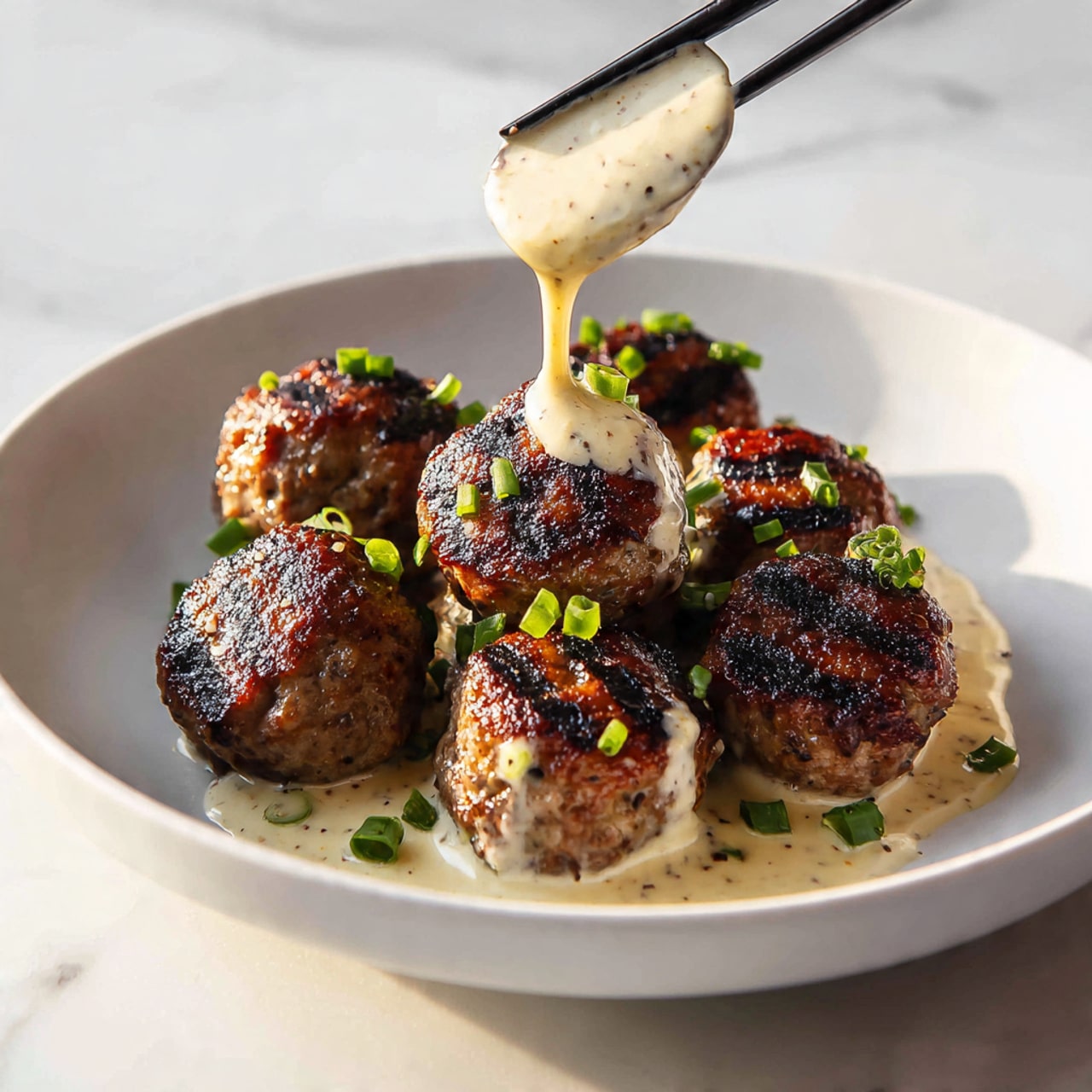 The image shows a white plate filled with six grilled meat balls that have dark brown char marks on their surface, indicating they are well-cooked and slightly crispy. A creamy light beige sauce with specks of seasoning is being poured from a pair of black chopsticks above the meatballs, covering some of them. There are small pieces of chopped green onions sprinkled over the sauce and meatballs, adding a fresh green contrast. The plate sits on a white marbled surface with warm lighting highlighting the textures and colors of the food. Photo taken with an iphone --ar 4:5 --v 7